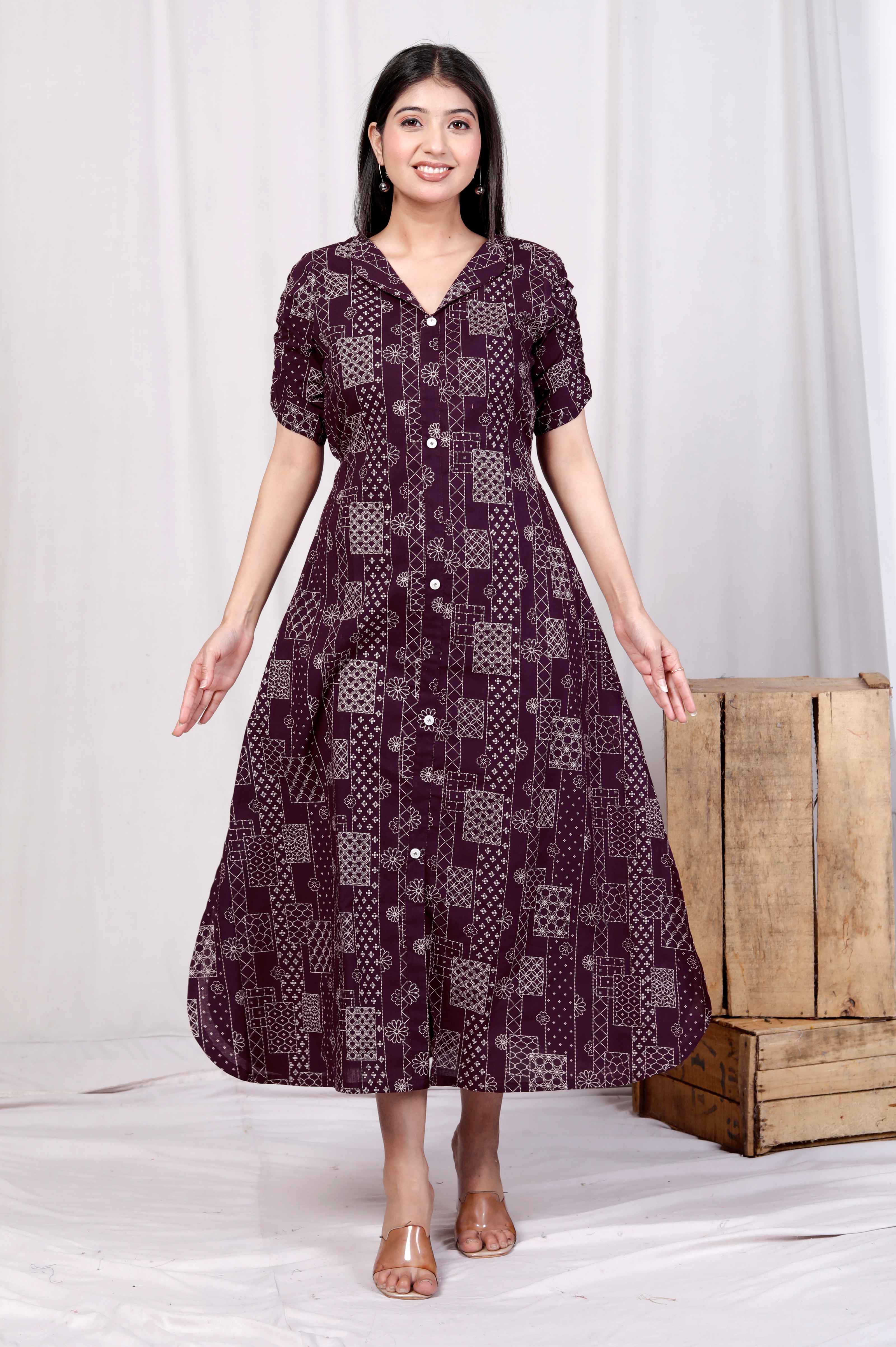 Womens Wine Mandarin Neck Floral Printed A-Line Party wear Maxi Dress