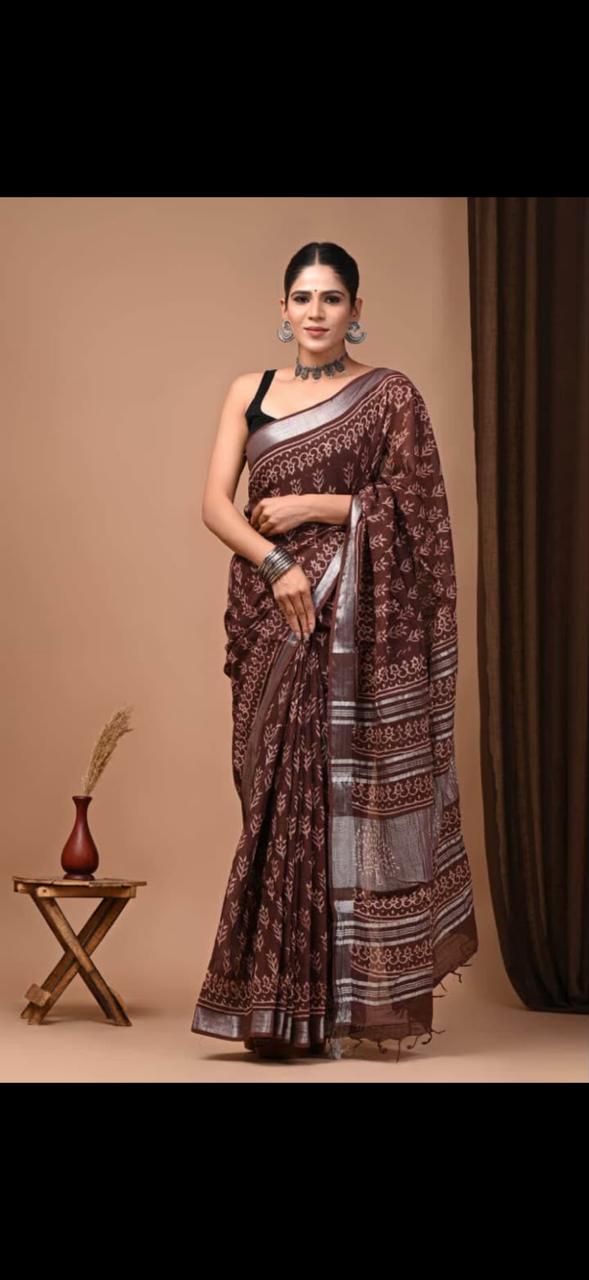Pure linen printed saree with blouse piece in brown shade