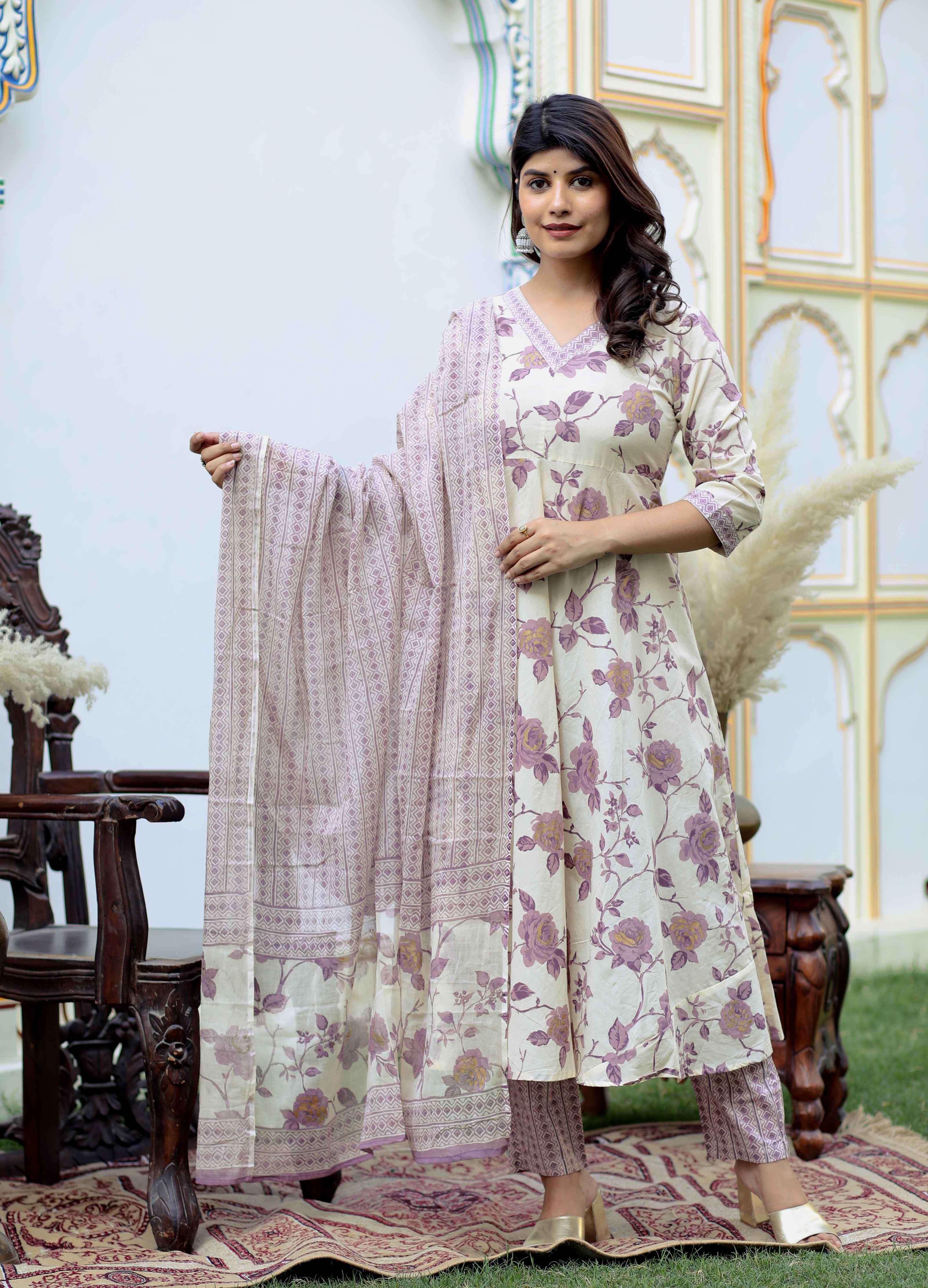 Pink Floral Cotton Anarkali Kurta with Palazzo & Dupatta Set