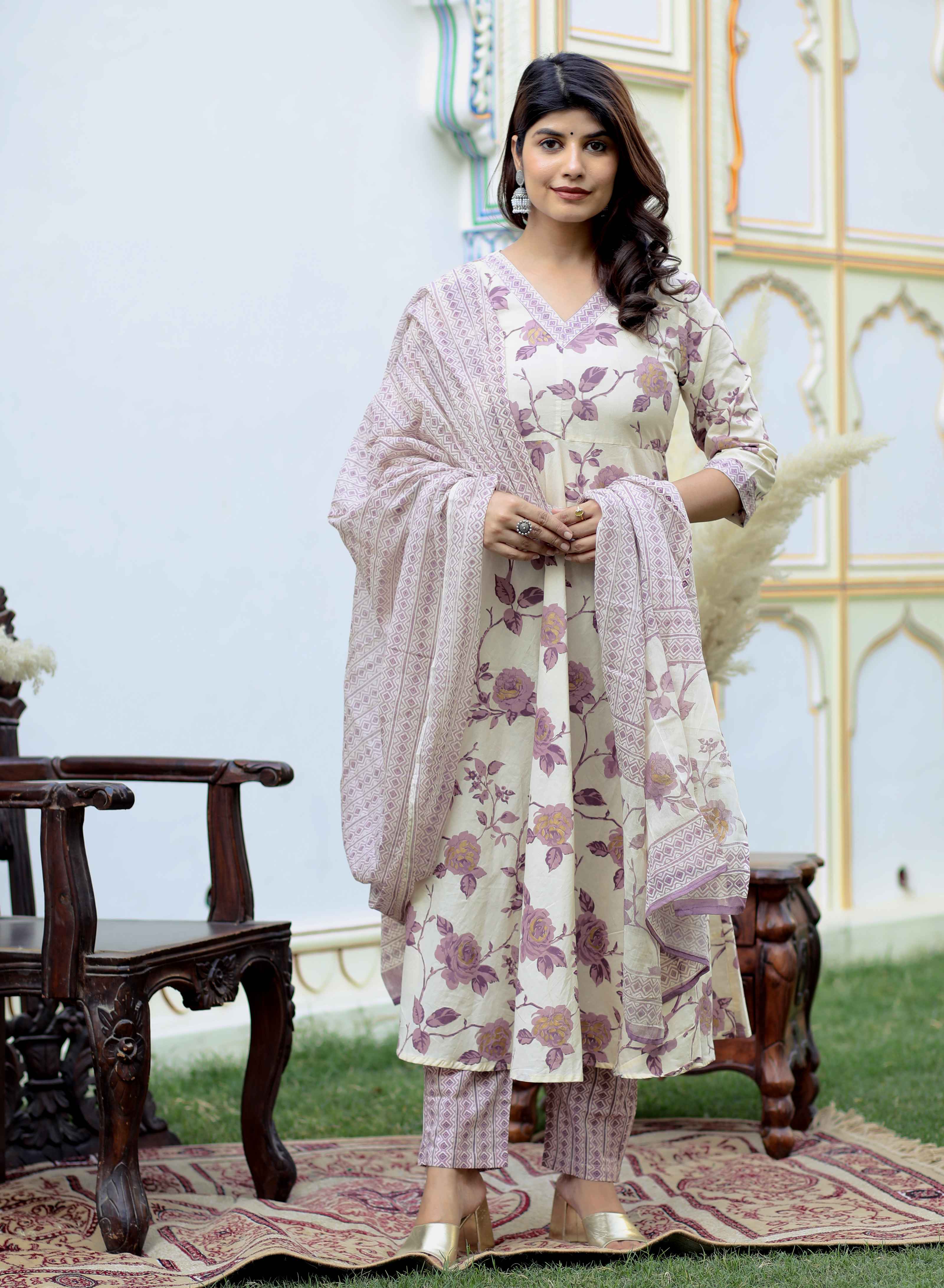 Pink Floral Cotton Anarkali Kurta with Palazzo & Dupatta Set