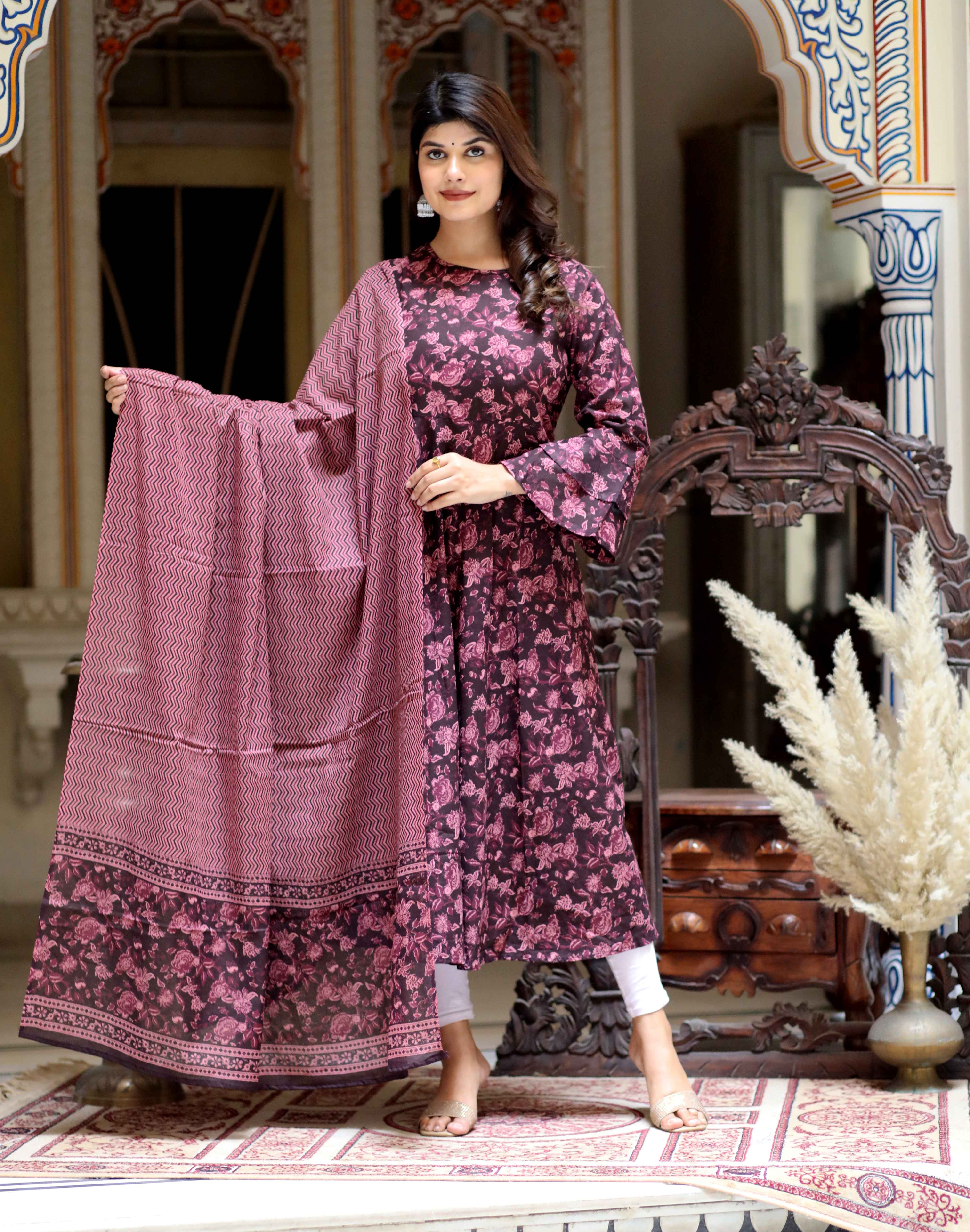 Maroon Printed Cotton Anarkali Kurta with Bell Sleeves & Dupatta Set