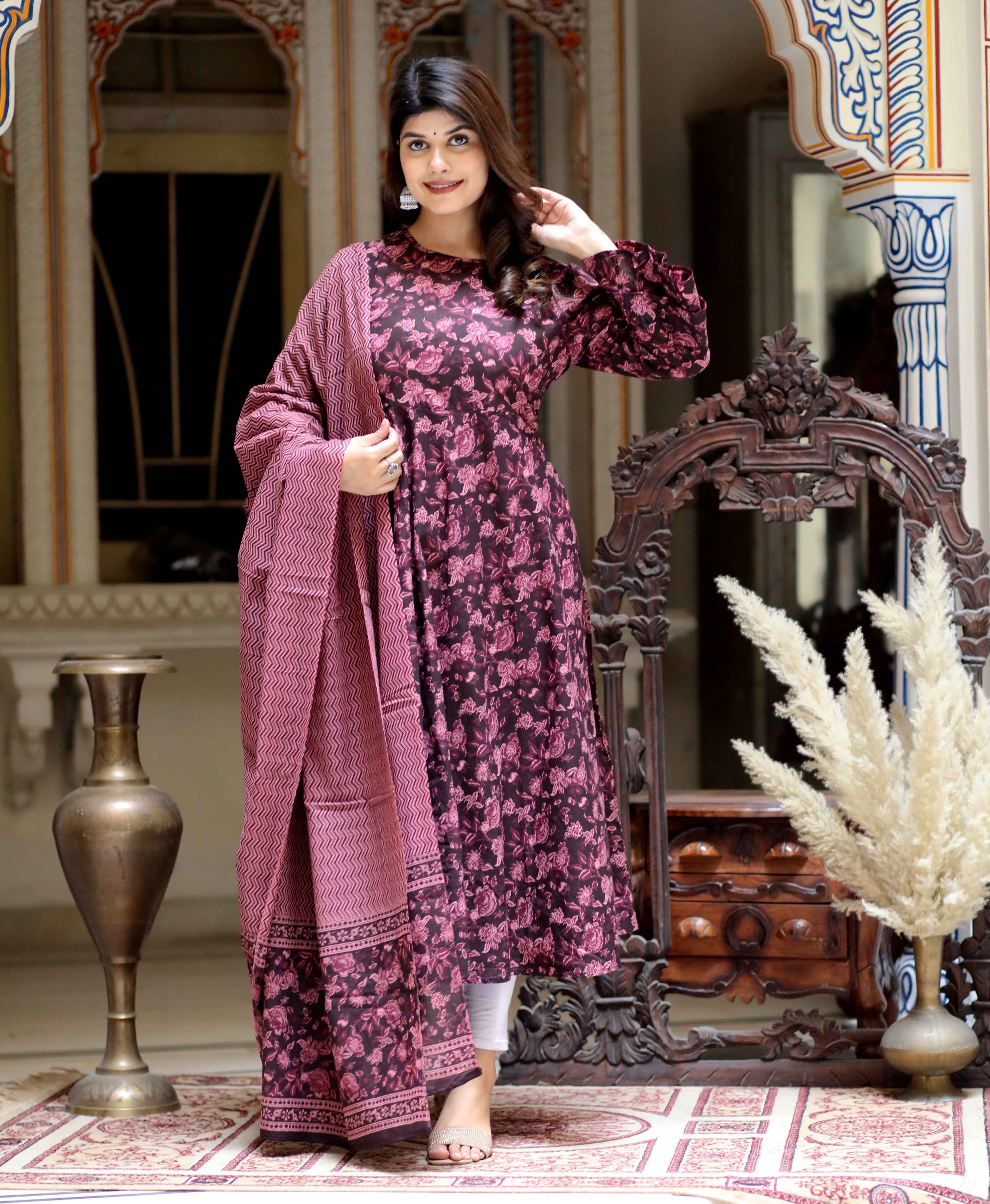 Maroon Printed Cotton Anarkali Kurta with Bell Sleeves & Dupatta Set