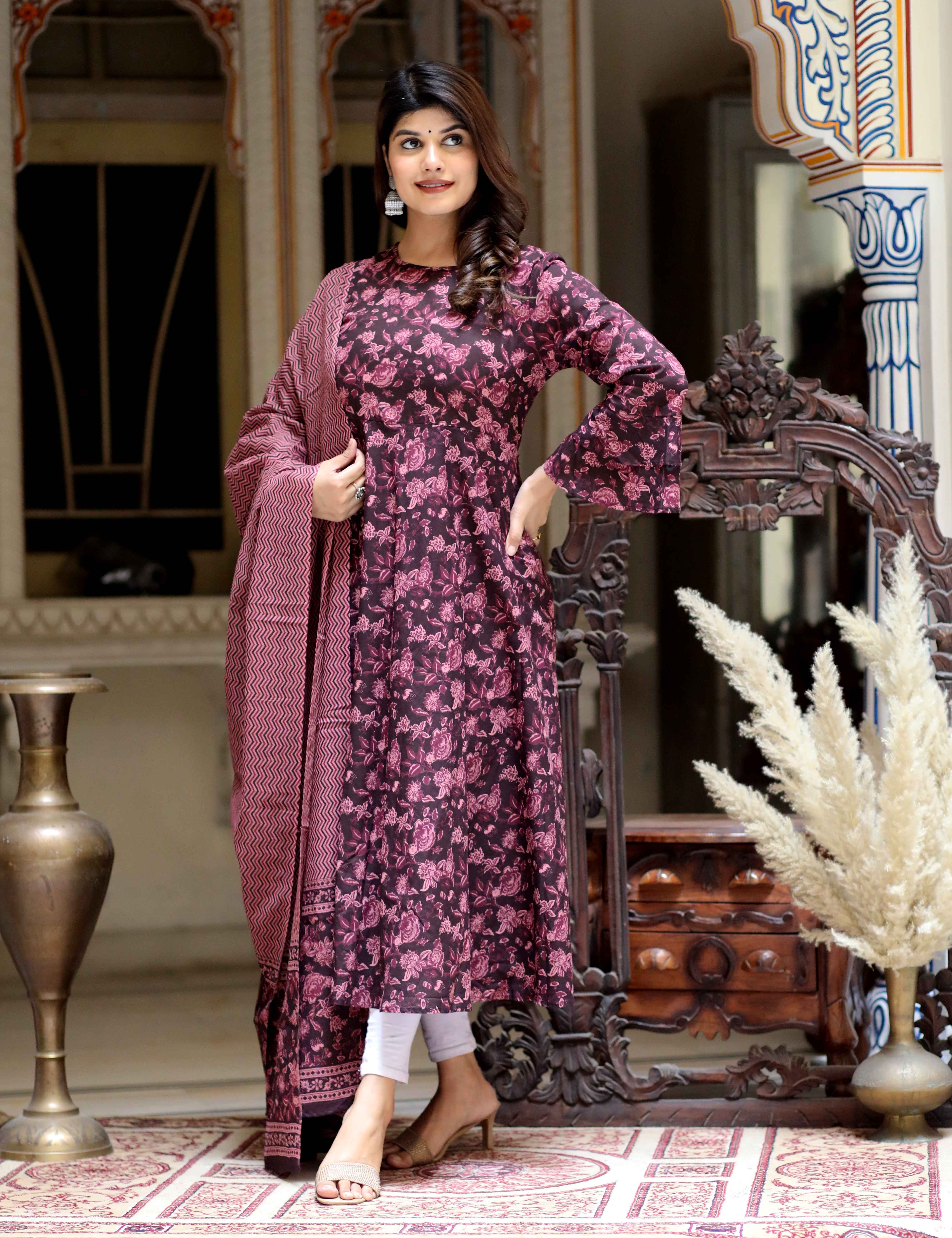 Maroon Printed Cotton Anarkali Kurta with Bell Sleeves & Dupatta Set
