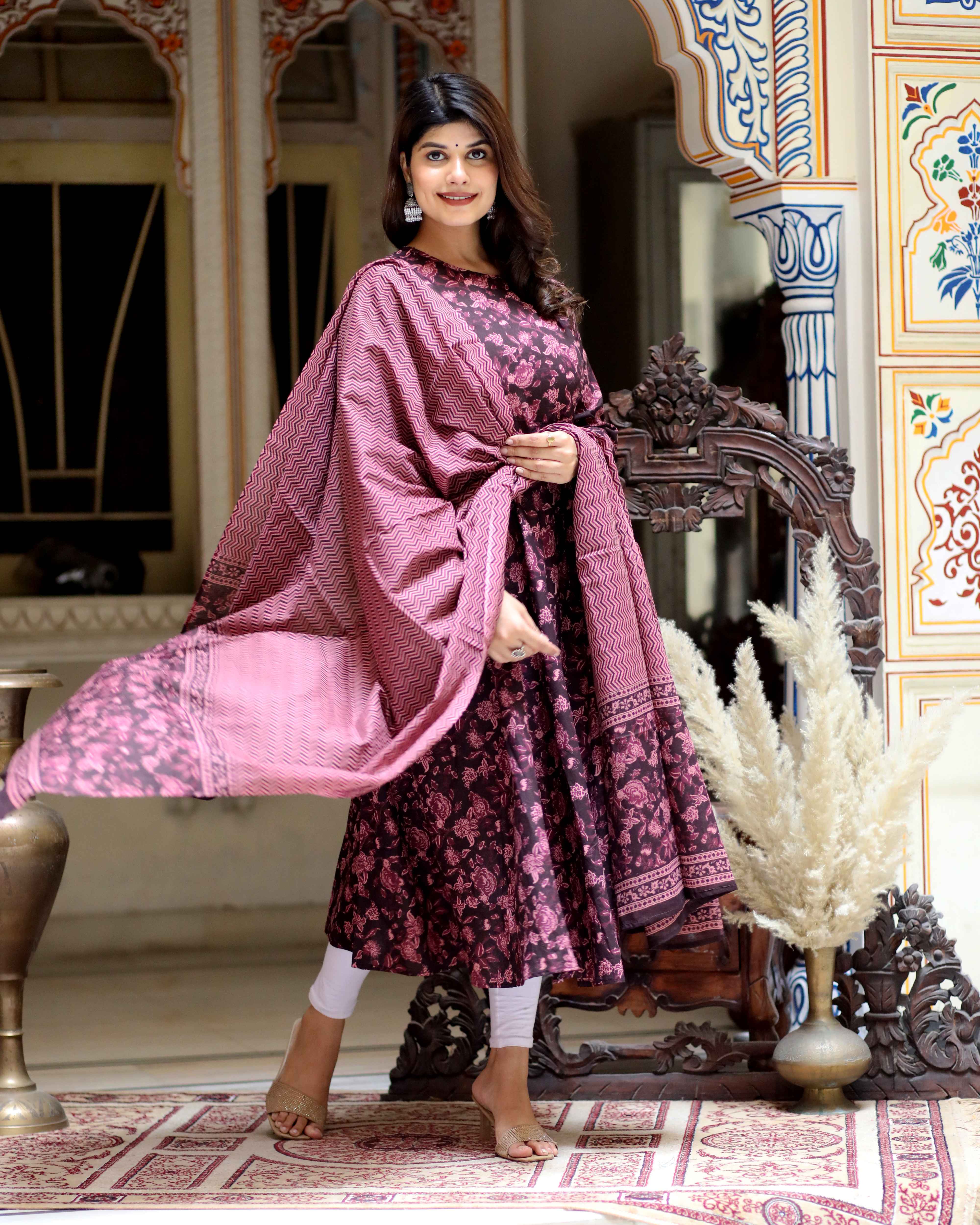 Maroon Printed Cotton Anarkali Kurta with Bell Sleeves & Dupatta Set