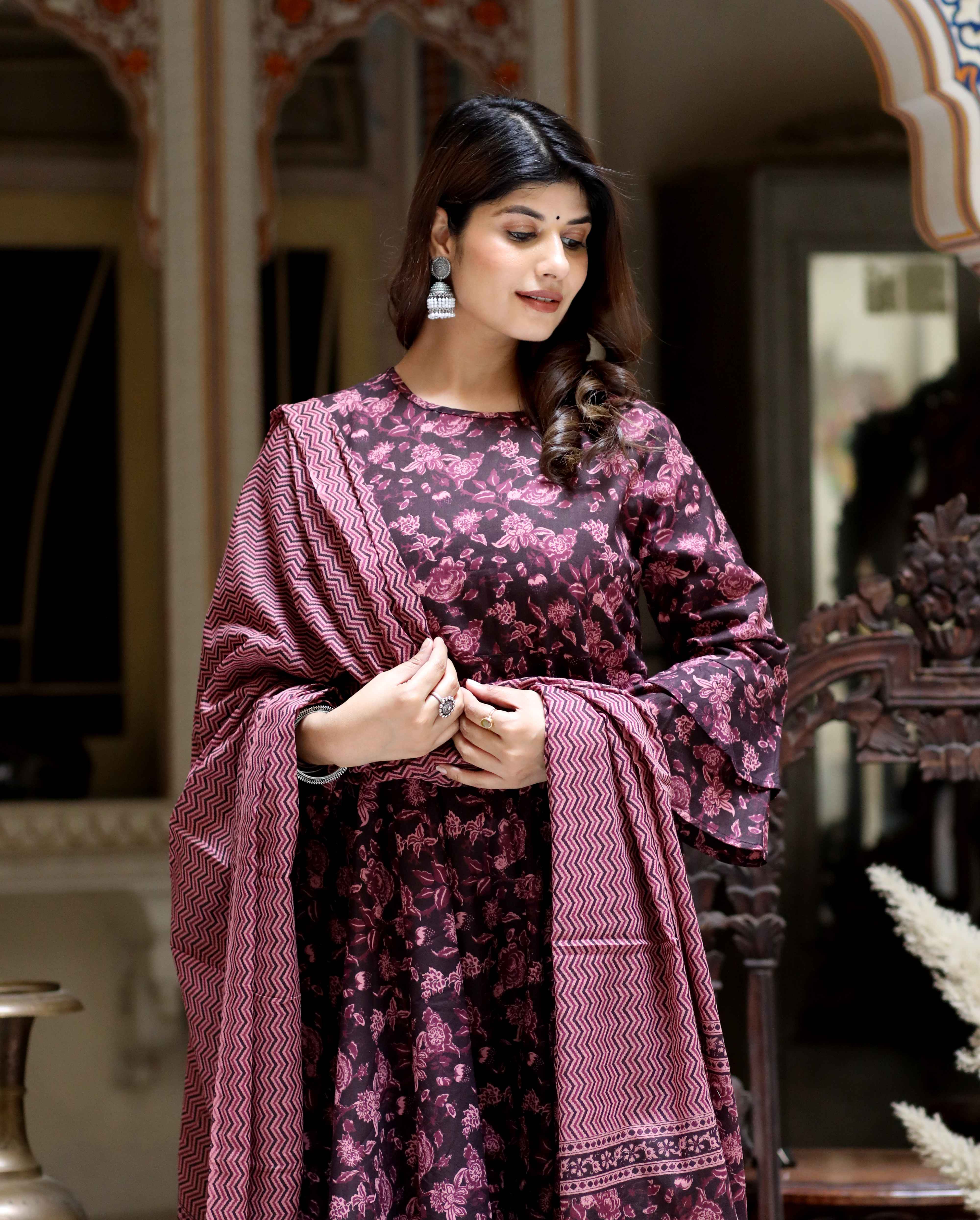Maroon Printed Cotton Anarkali Kurta with Bell Sleeves & Dupatta Set