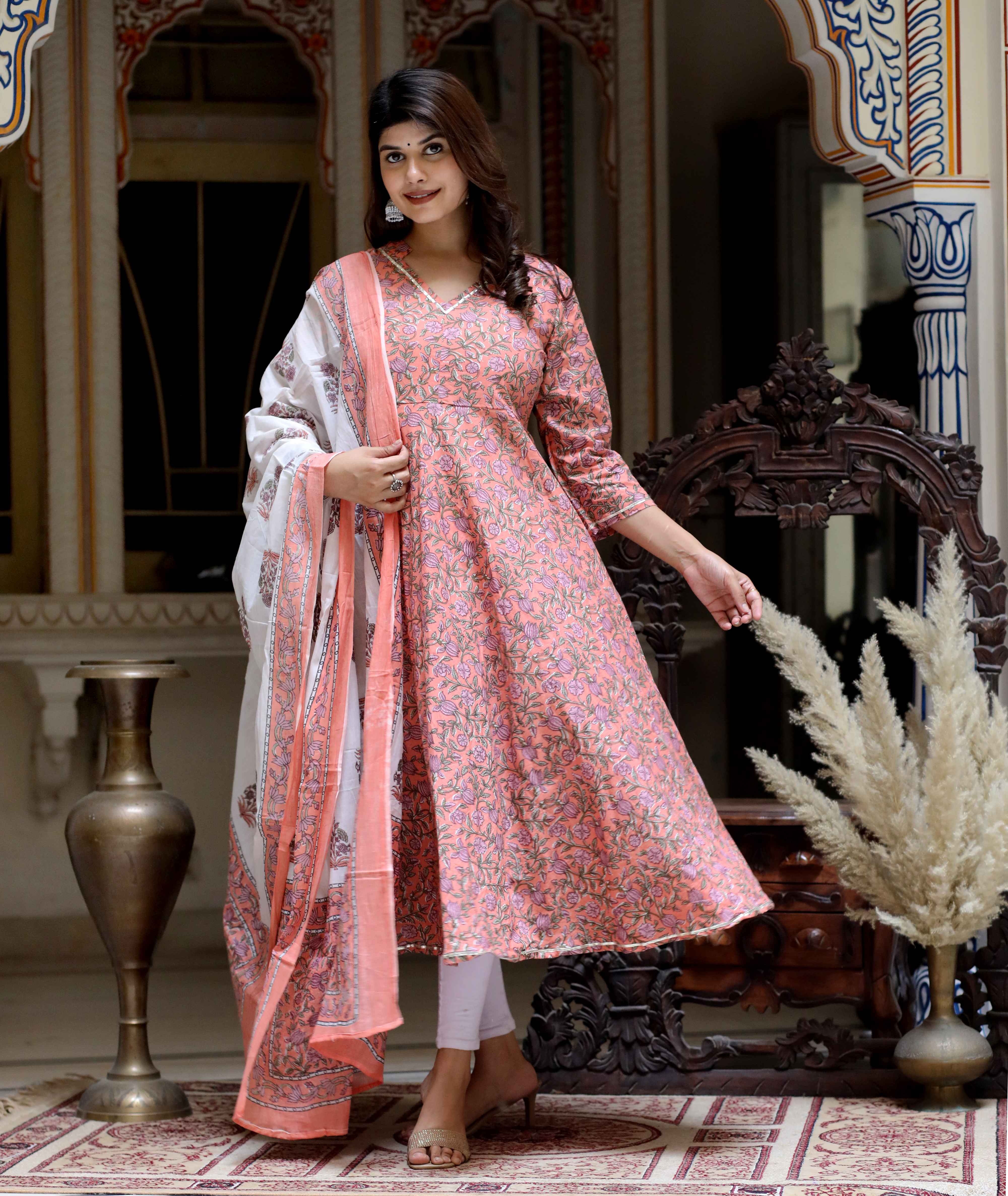 Orange Floral Cotton Anarkali Kurta with Dupatta Set