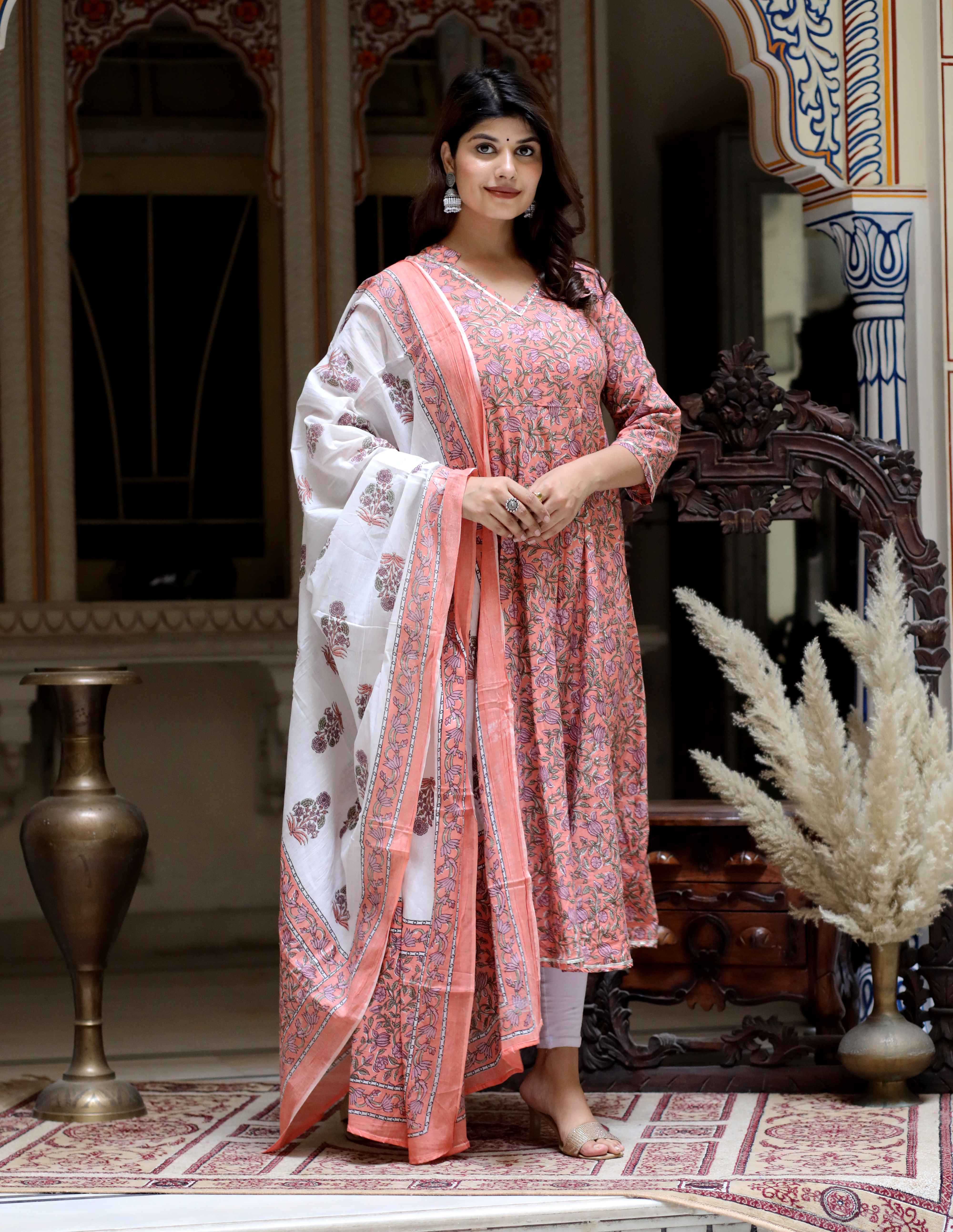 Orange Floral Cotton Anarkali Kurta with Dupatta Set