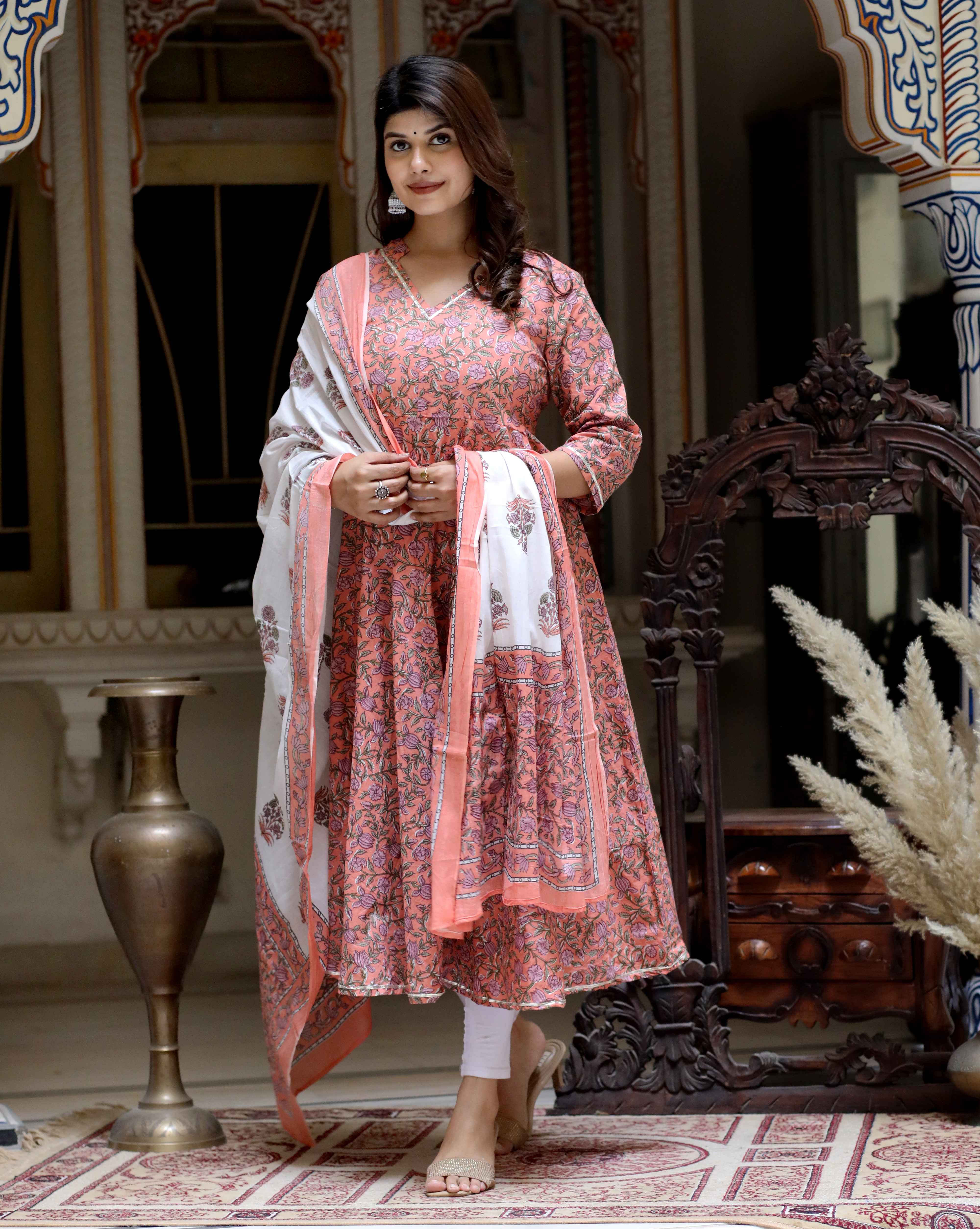 Orange Floral Cotton Anarkali Kurta with Dupatta Set