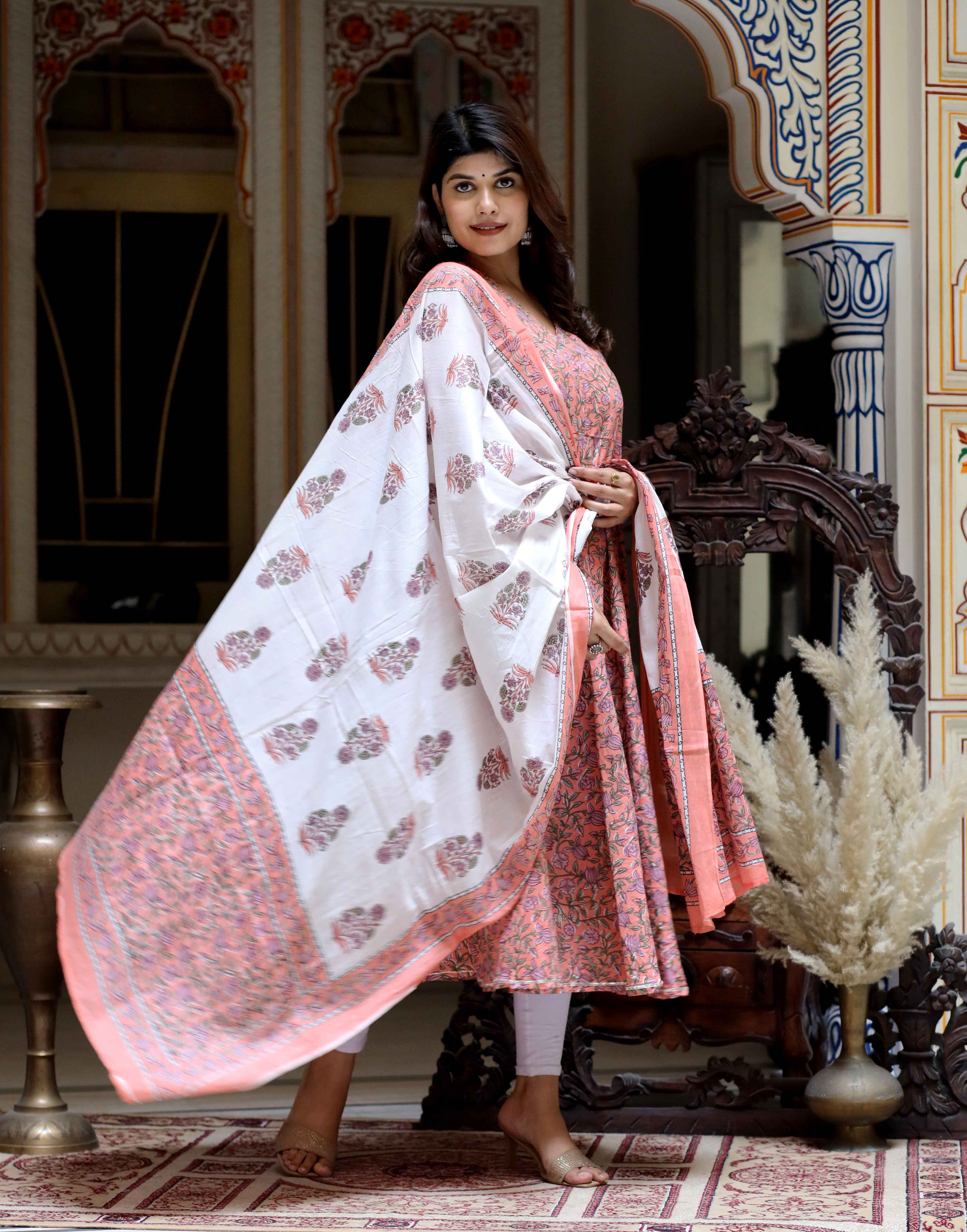 Orange Floral Cotton Anarkali Kurta with Dupatta Set