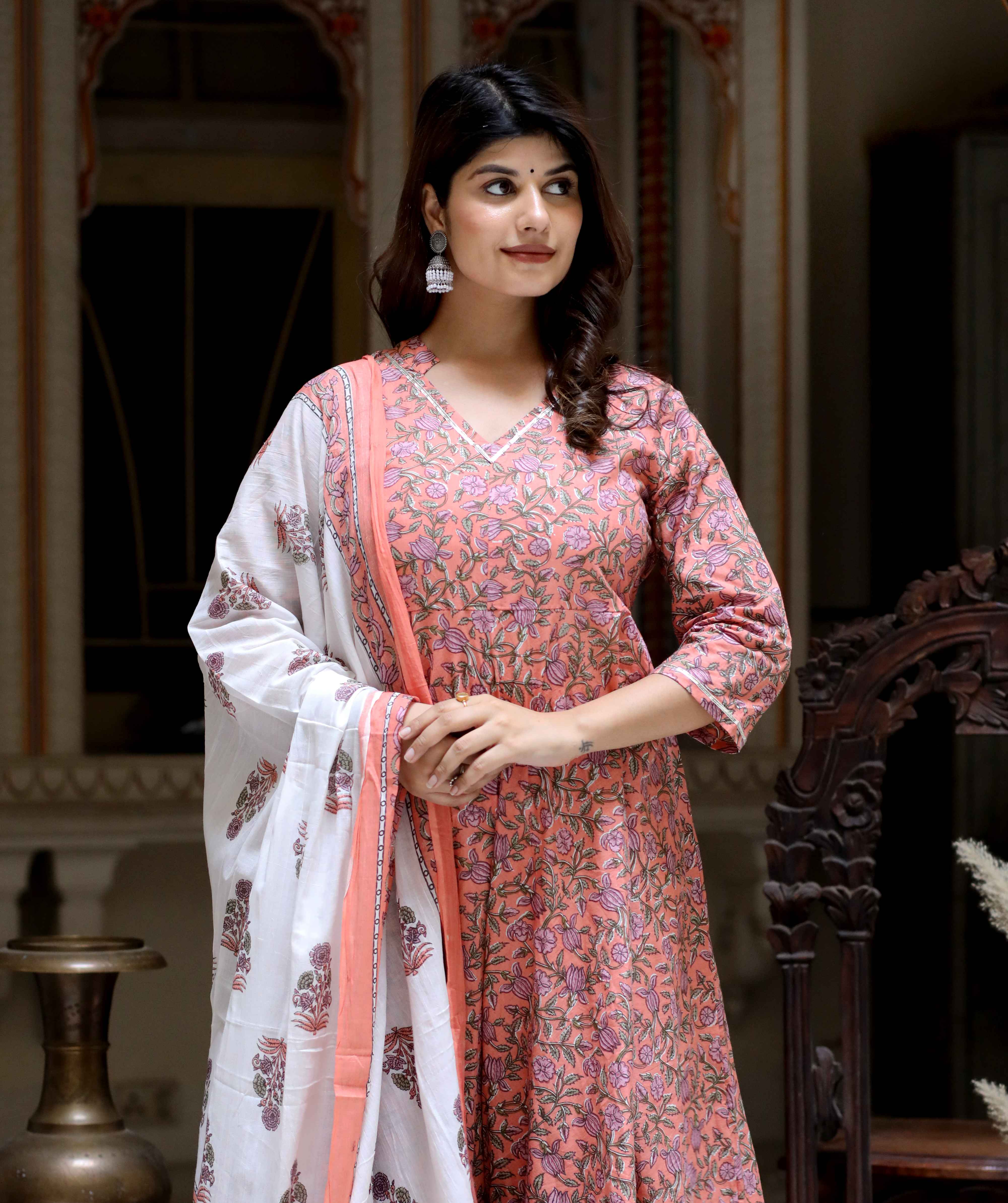 Orange Floral Cotton Anarkali Kurta with Dupatta Set