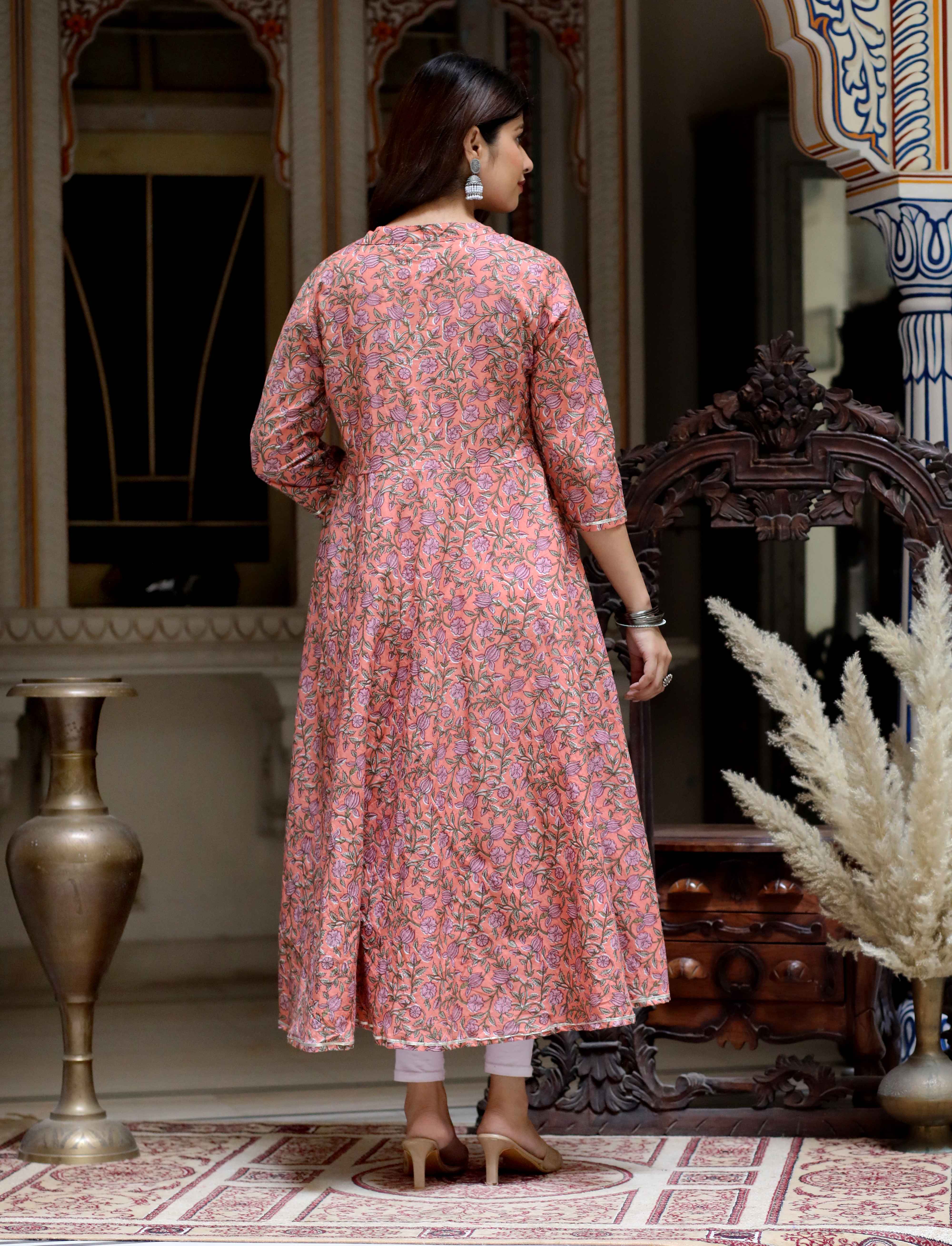 Orange Floral Cotton Anarkali Kurta with Dupatta Set