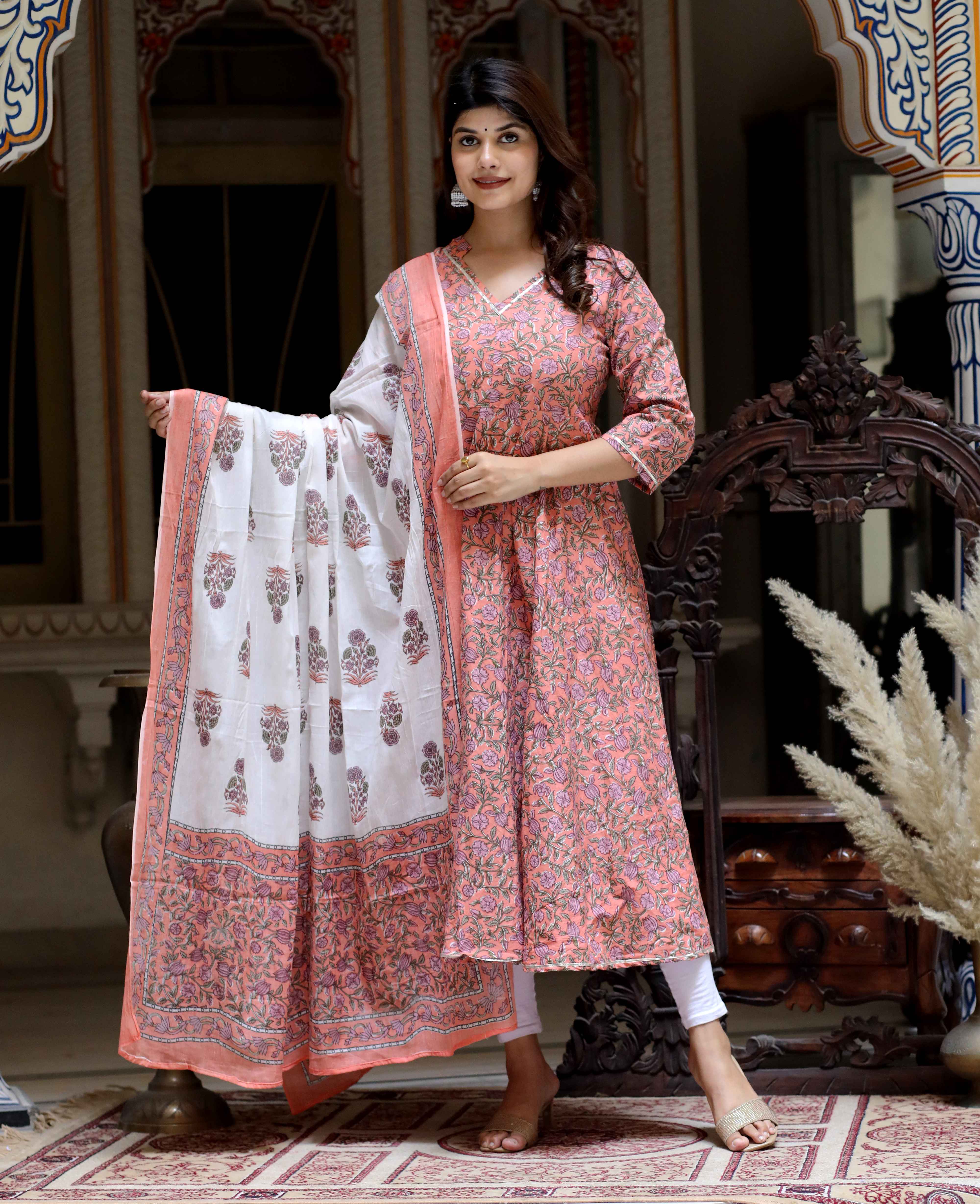 Orange Floral Cotton Anarkali Kurta with Dupatta Set