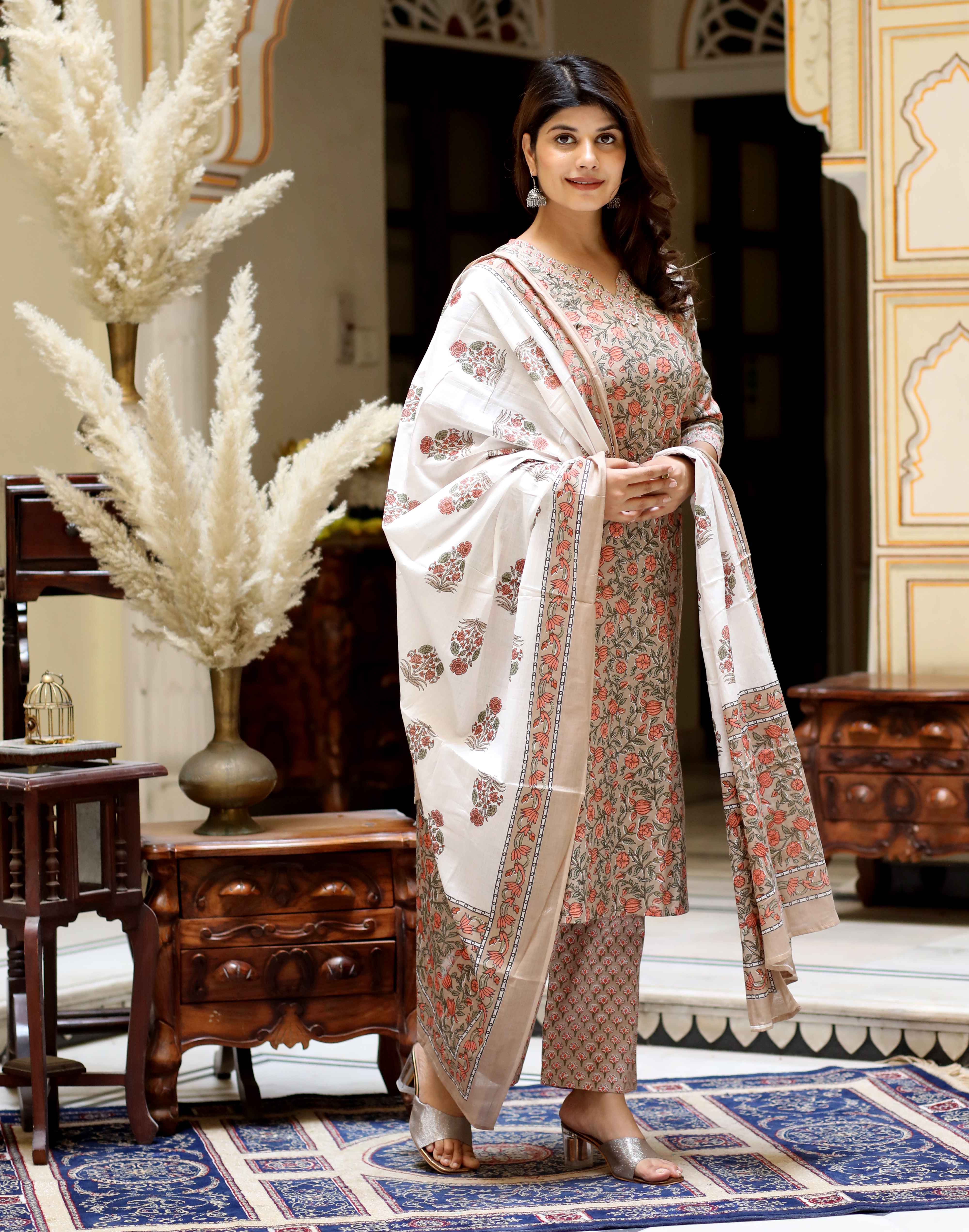 Brown Floral Printed Kurta with Palazzo Set – Rajasthani Inspired Party Wear