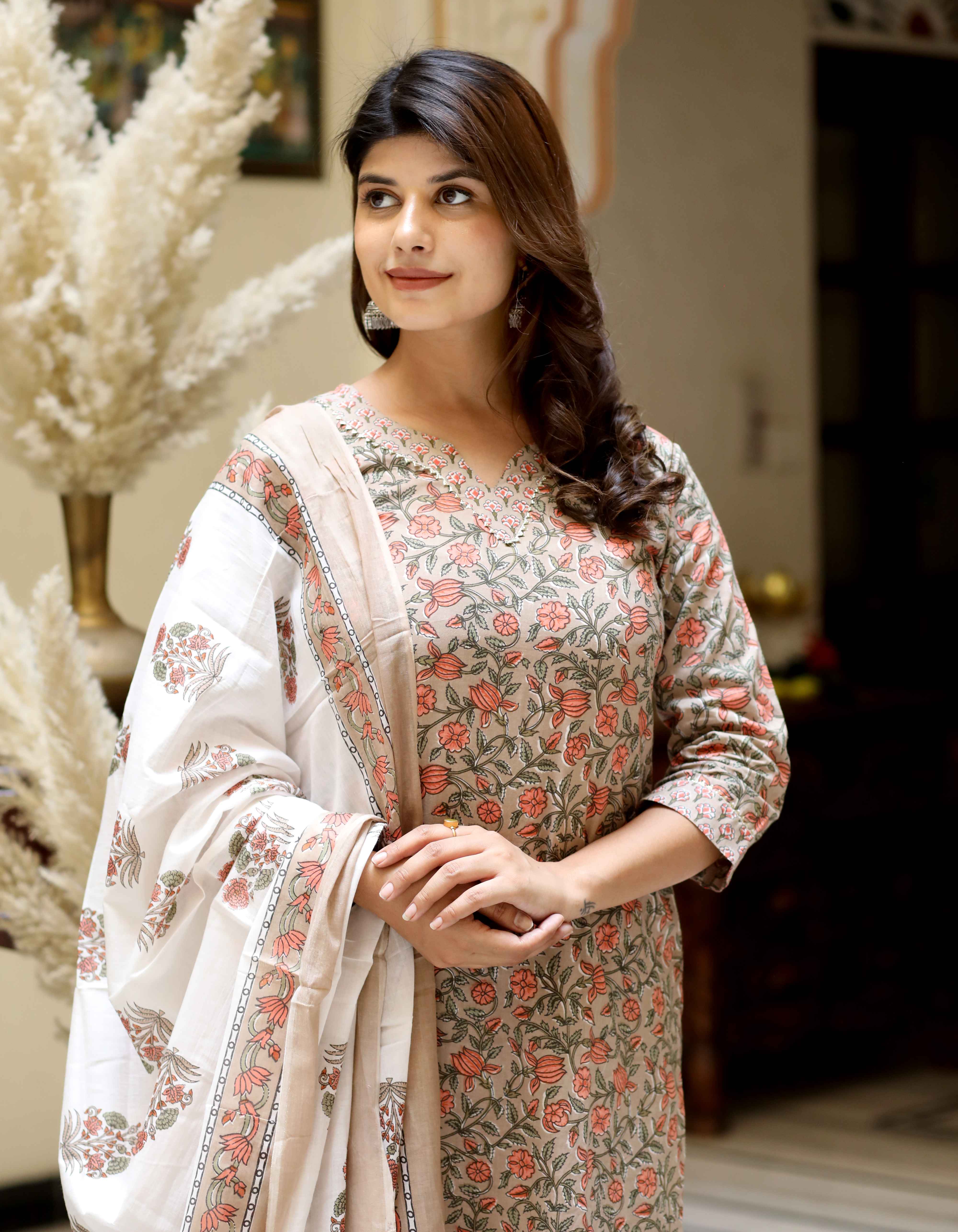 Brown Floral Printed Kurta with Palazzo Set – Rajasthani Inspired Party Wear