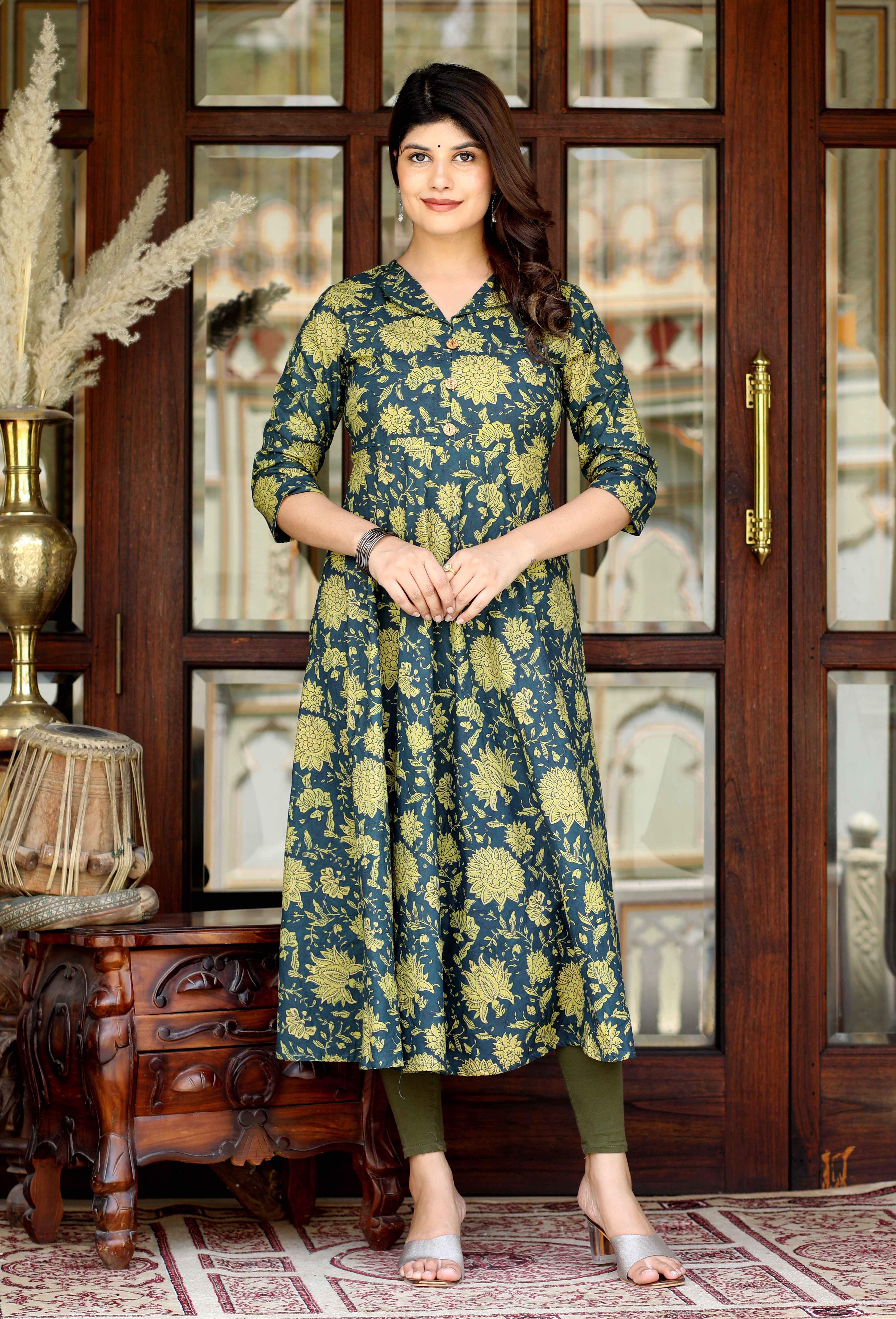 Green Cotton Shirt Collar Floral Printed Anarkali Kurta