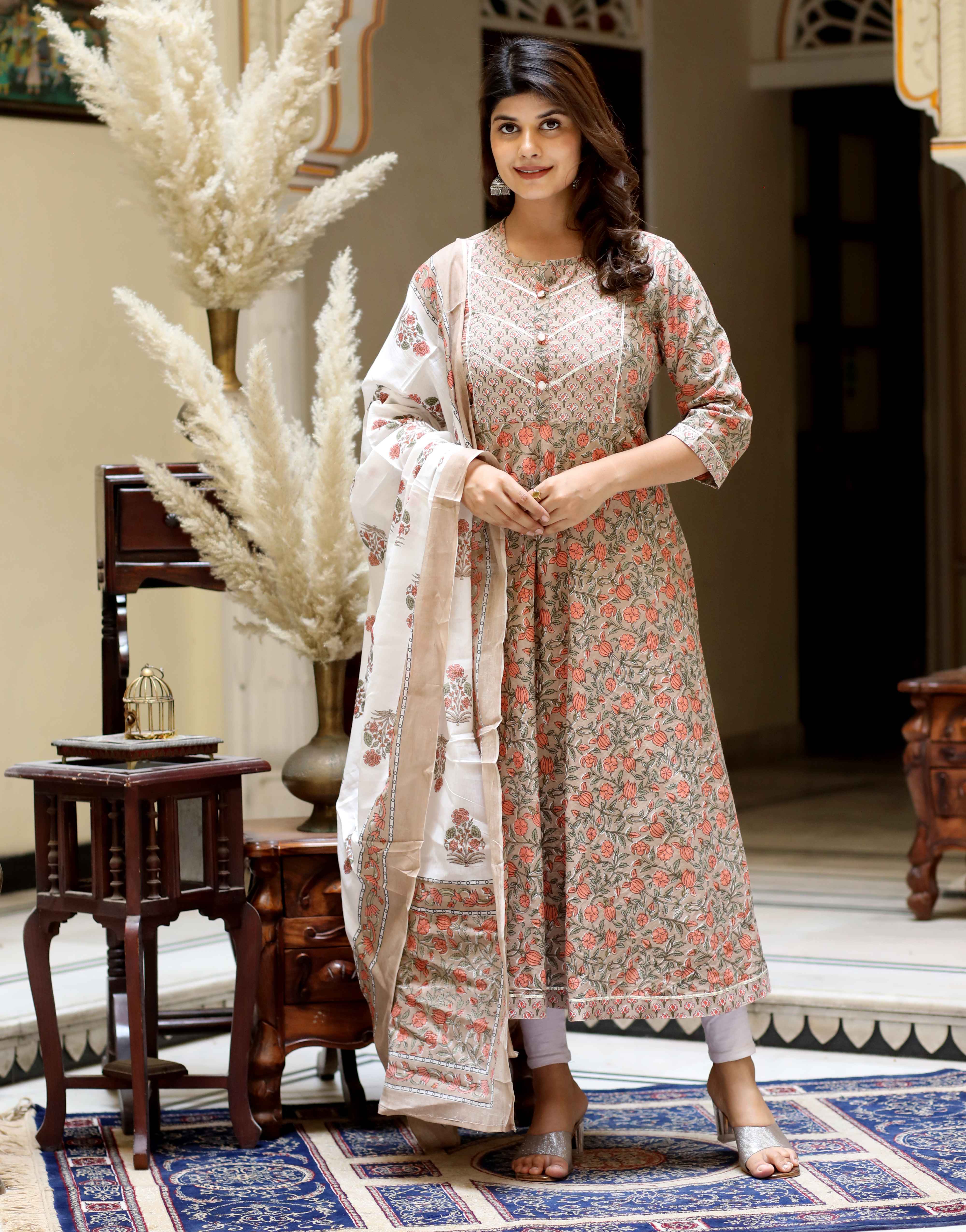 Brown Cotton Anarkali Kurta with Gota Lace & Dupatta Set