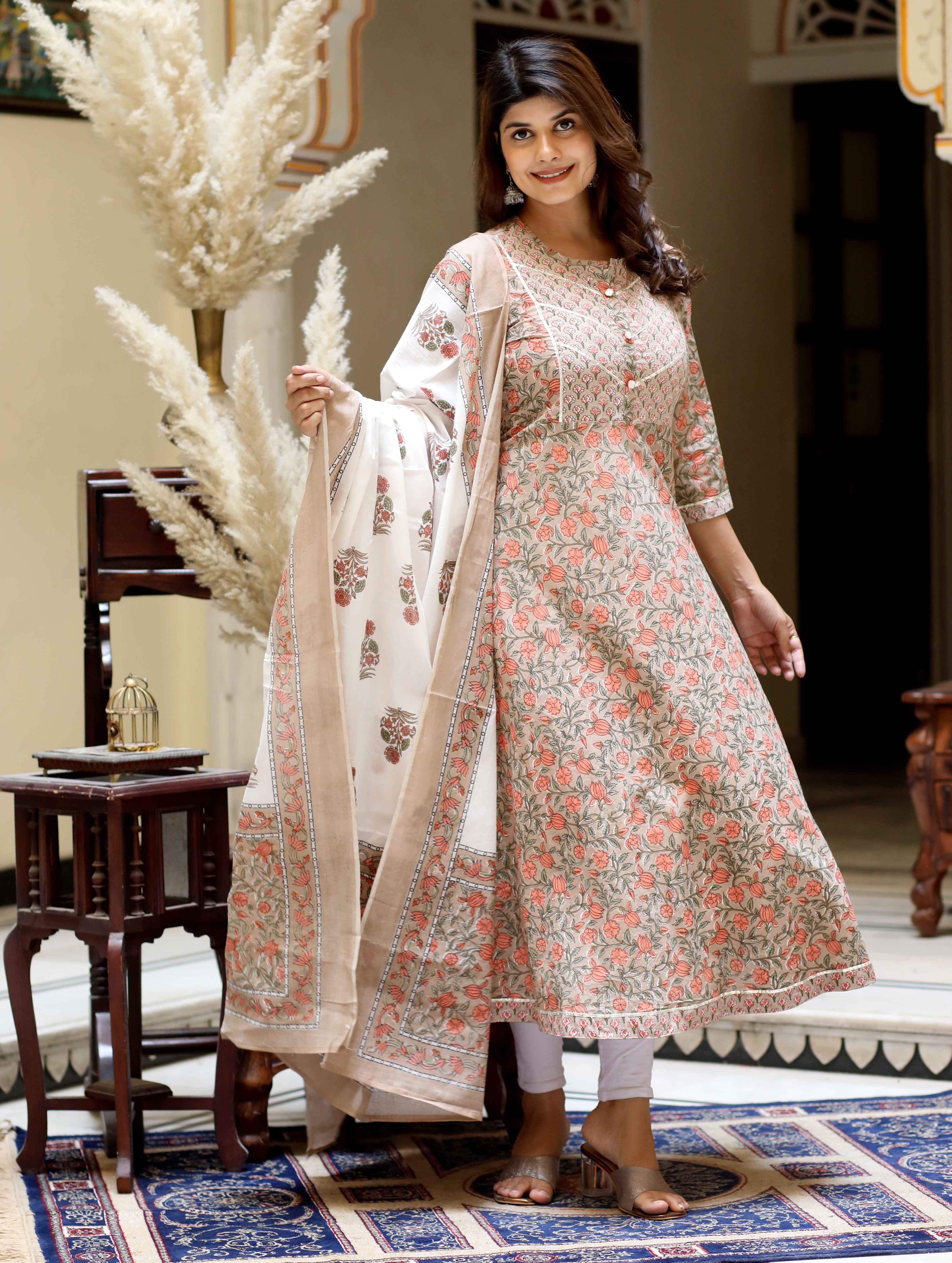 Brown Cotton Anarkali Kurta with Gota Lace & Dupatta Set