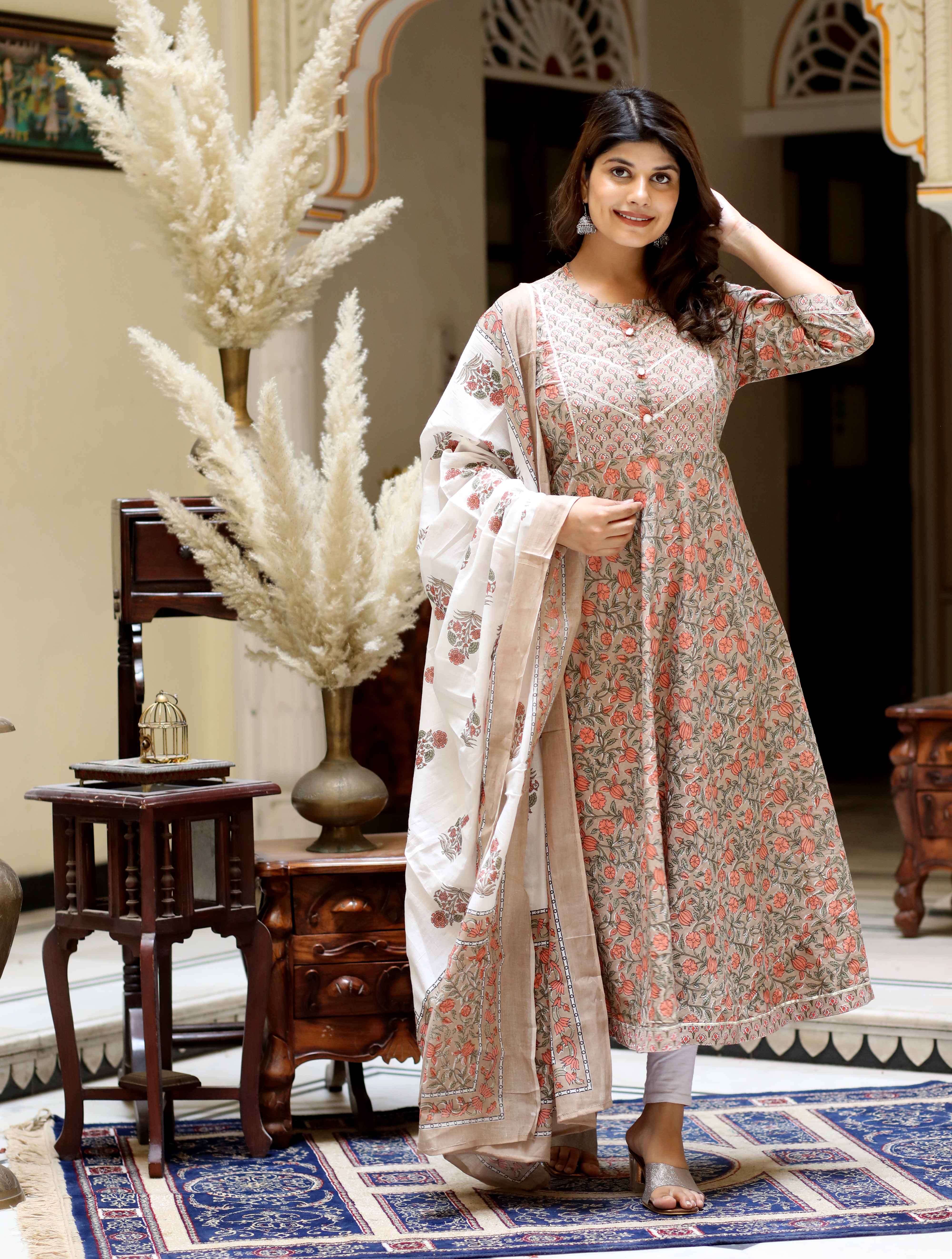 Brown Cotton Anarkali Kurta with Gota Lace & Dupatta Set