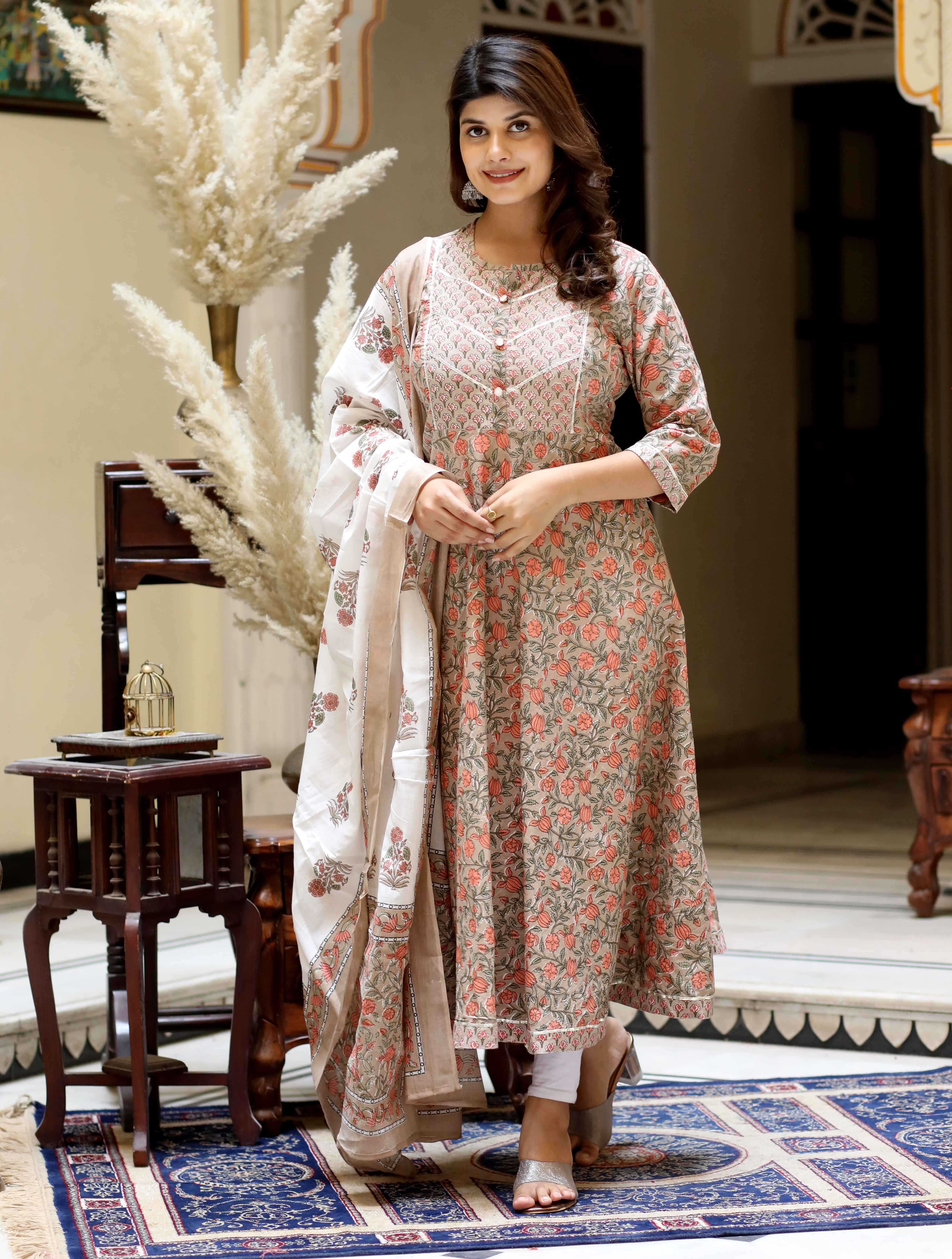 Brown Cotton Anarkali Kurta with Gota Lace & Dupatta Set