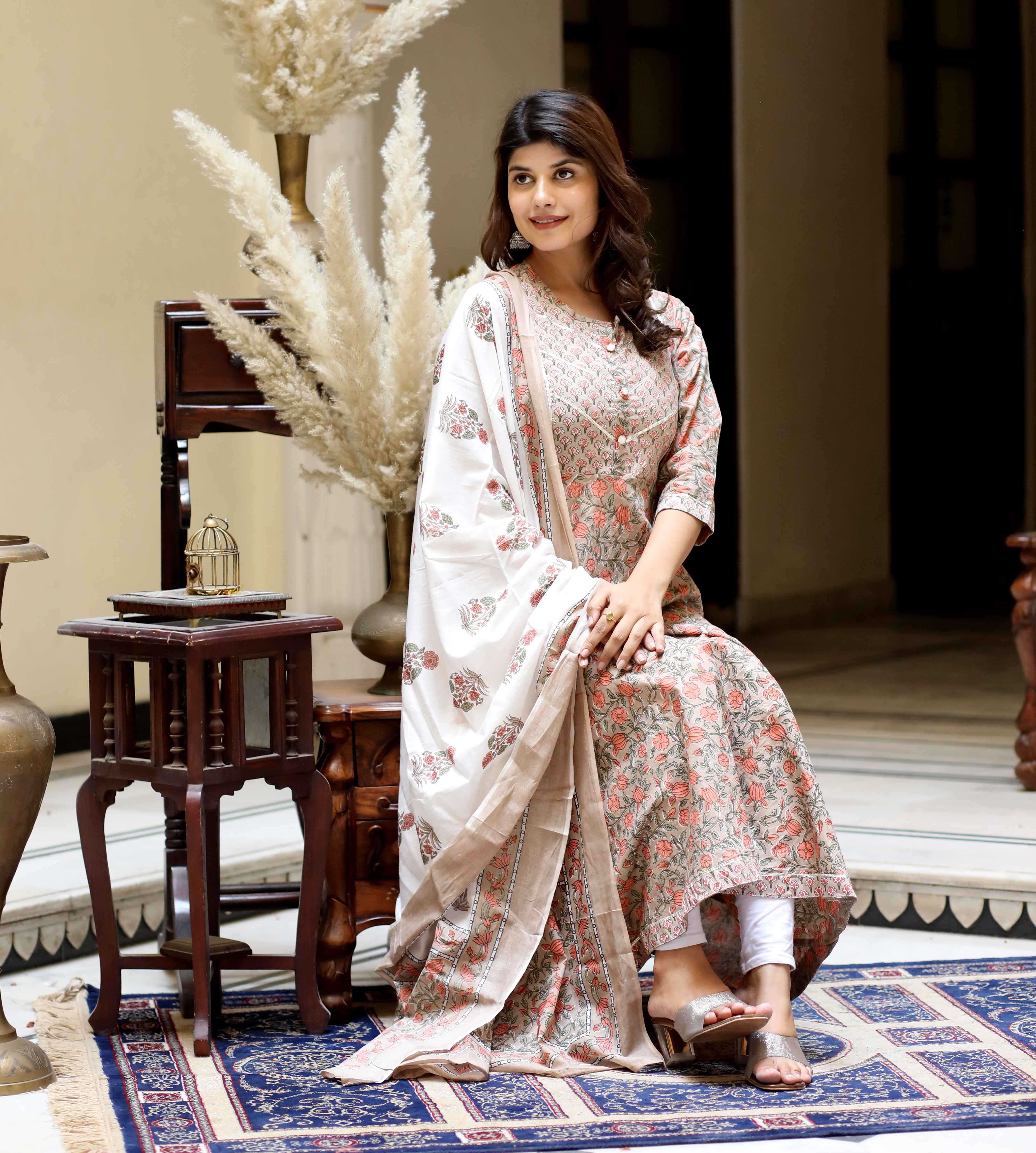 Brown Cotton Anarkali Kurta with Gota Lace & Dupatta Set