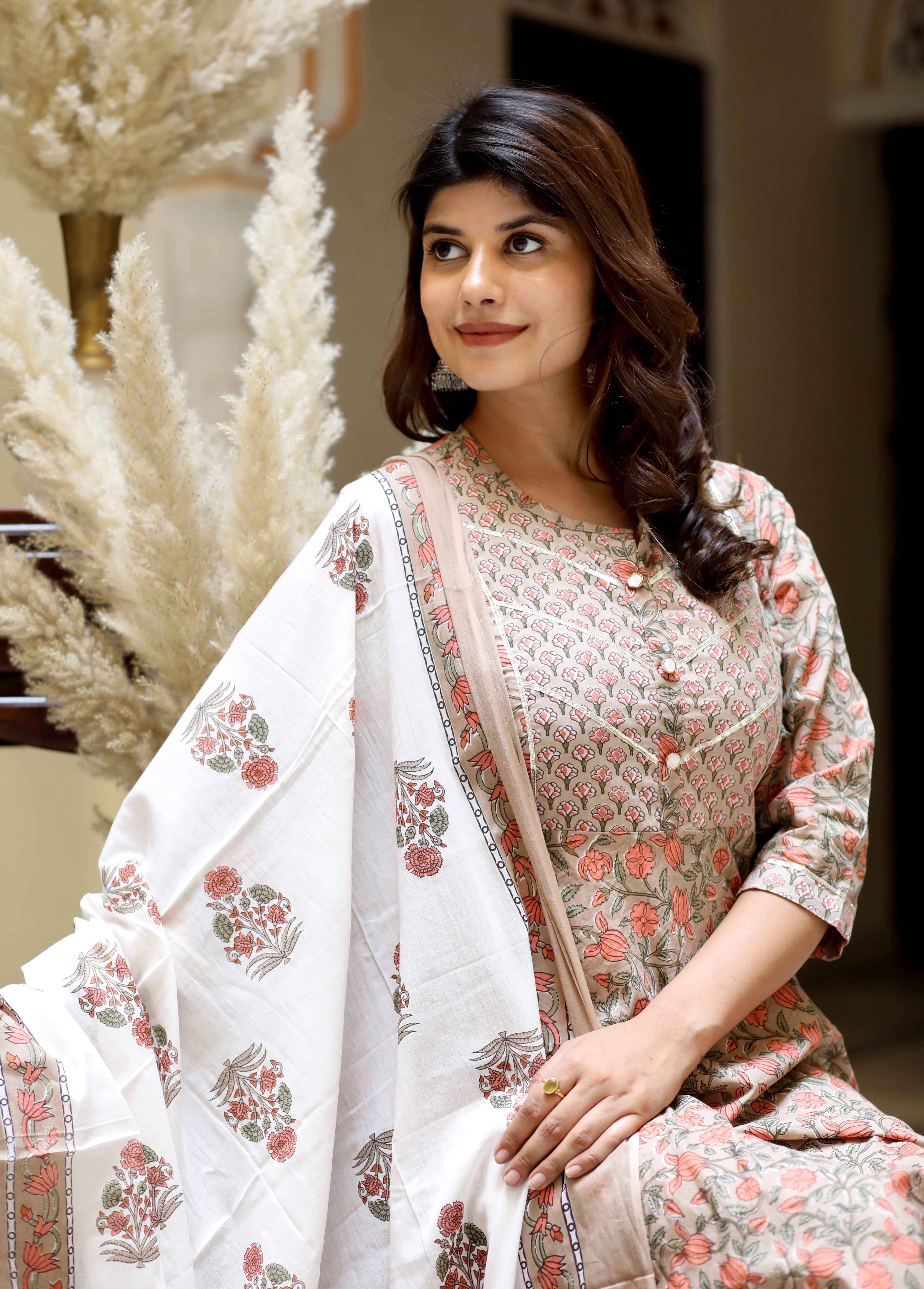 Brown Cotton Anarkali Kurta with Gota Lace & Dupatta Set