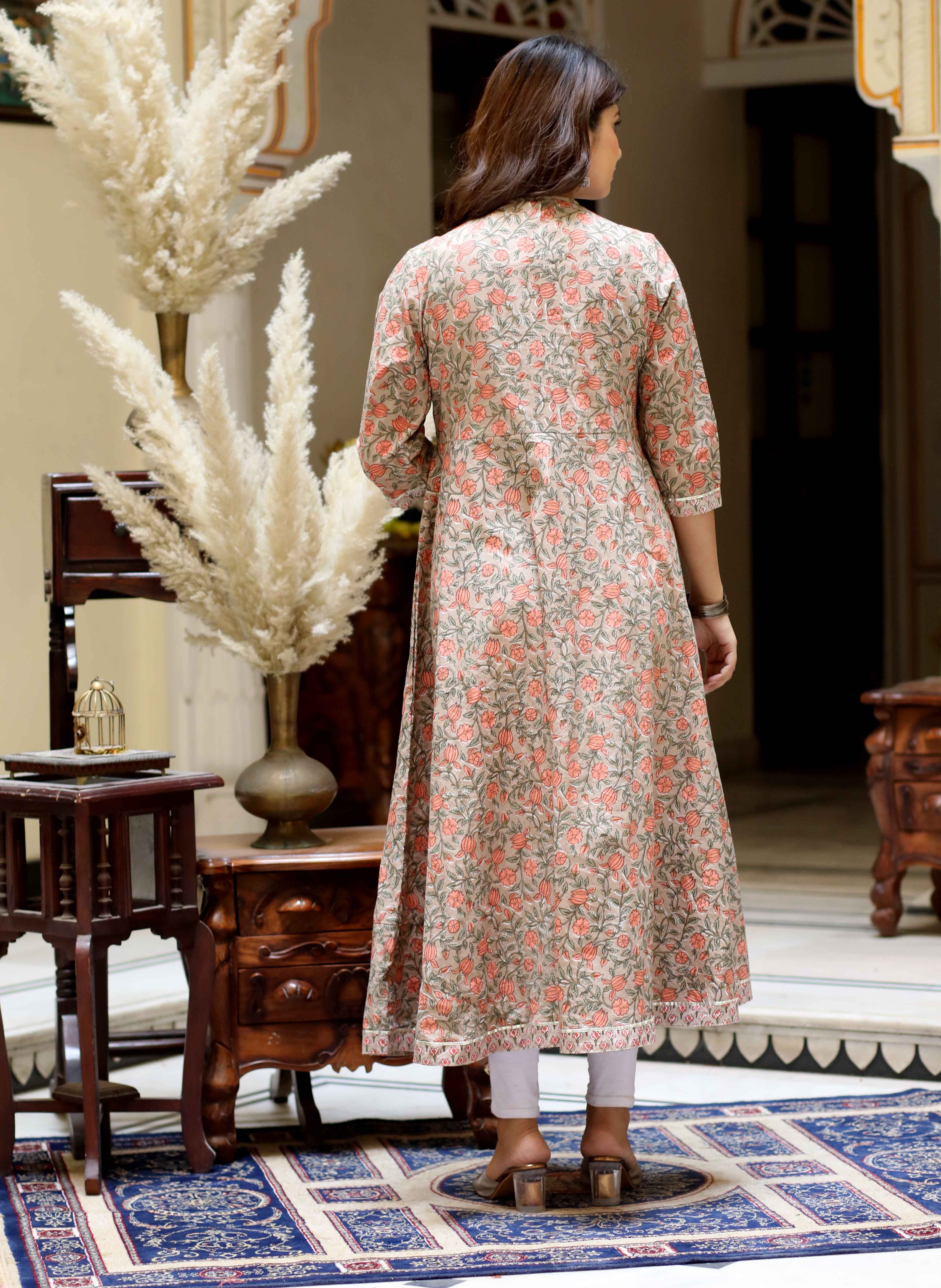 Brown Cotton Anarkali Kurta with Gota Lace & Dupatta Set