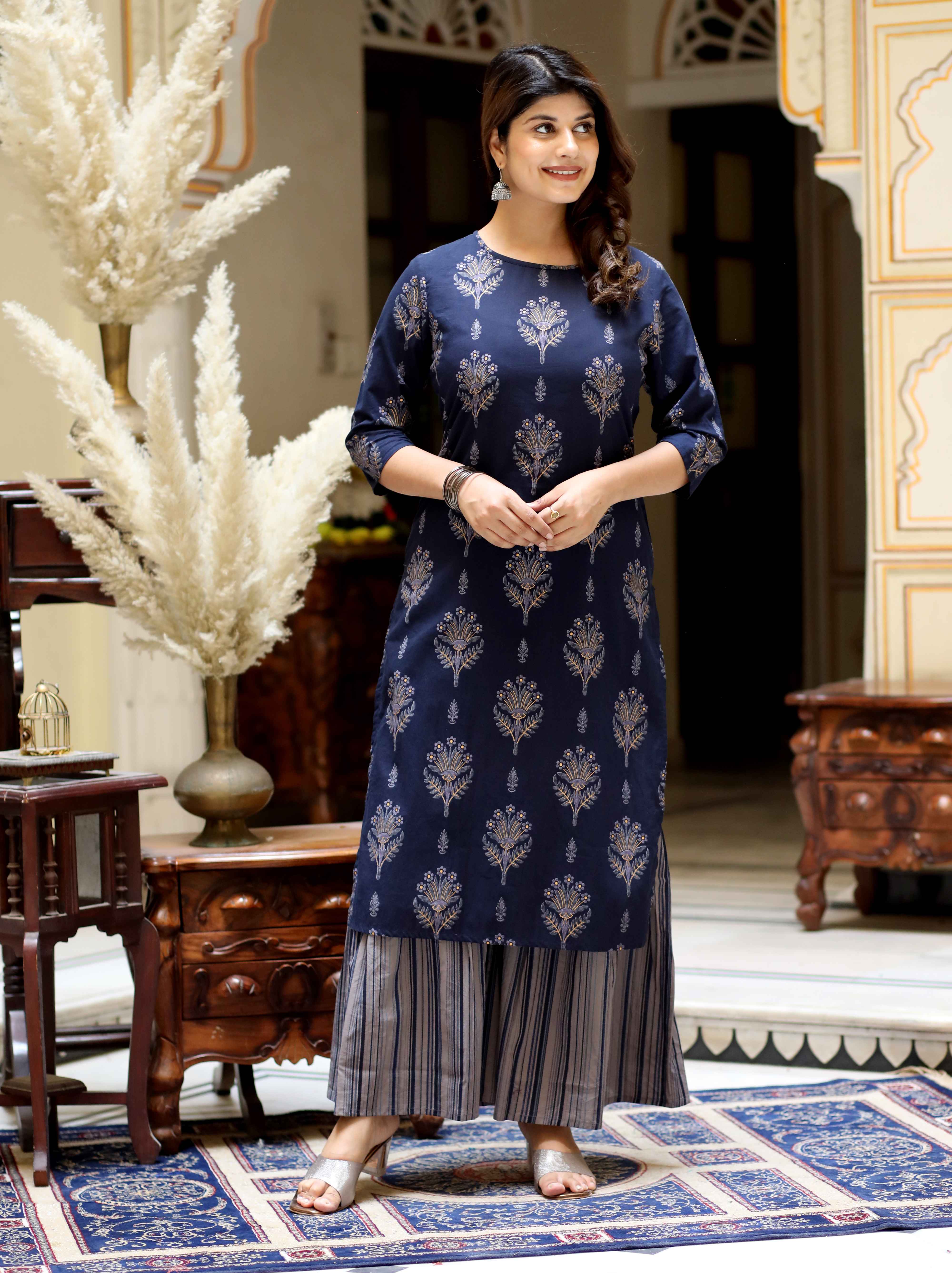 Blue Floral Cotton Kurta with Grey Sharara Set