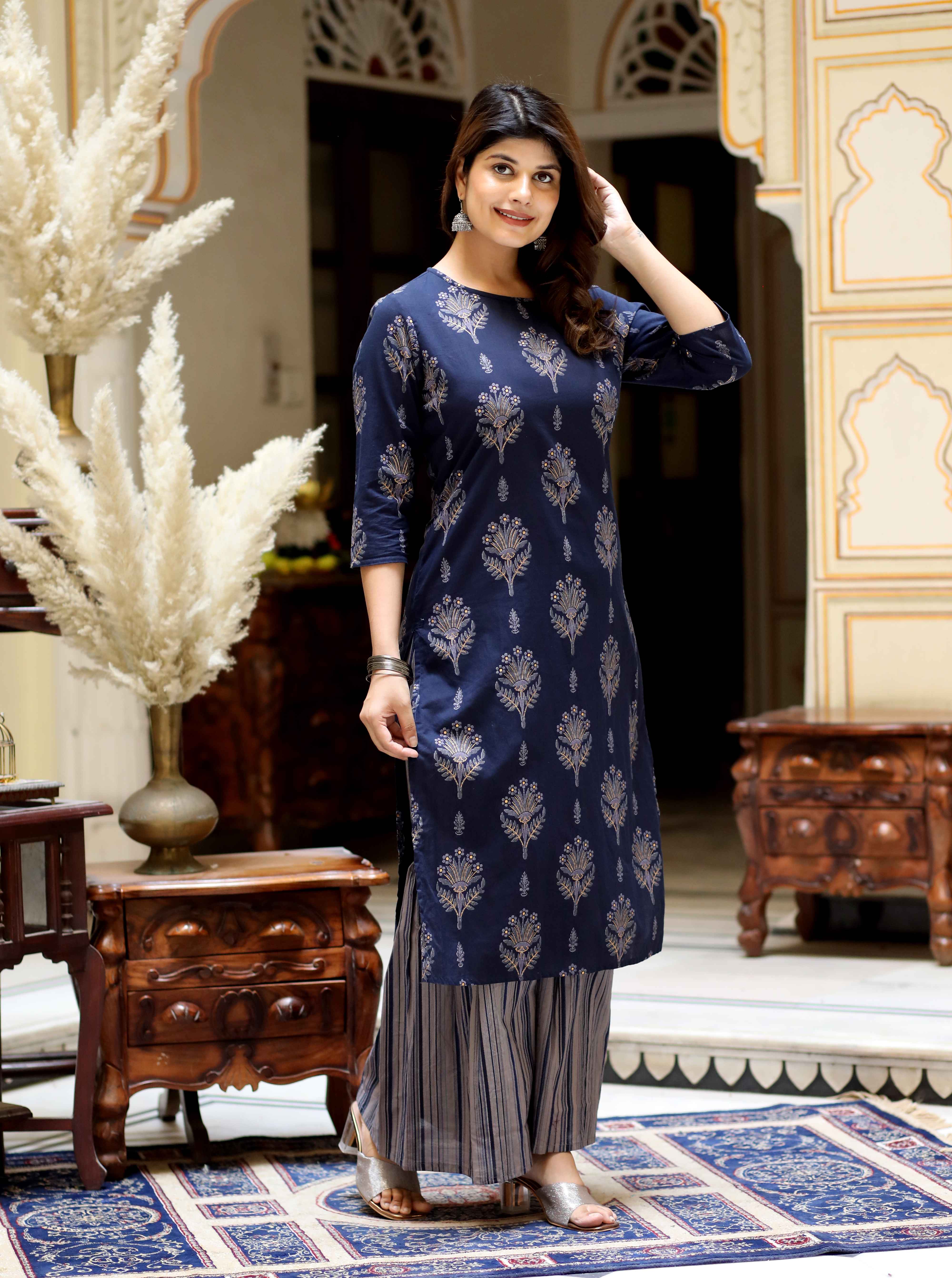 Blue Floral Cotton Kurta with Grey Sharara Set