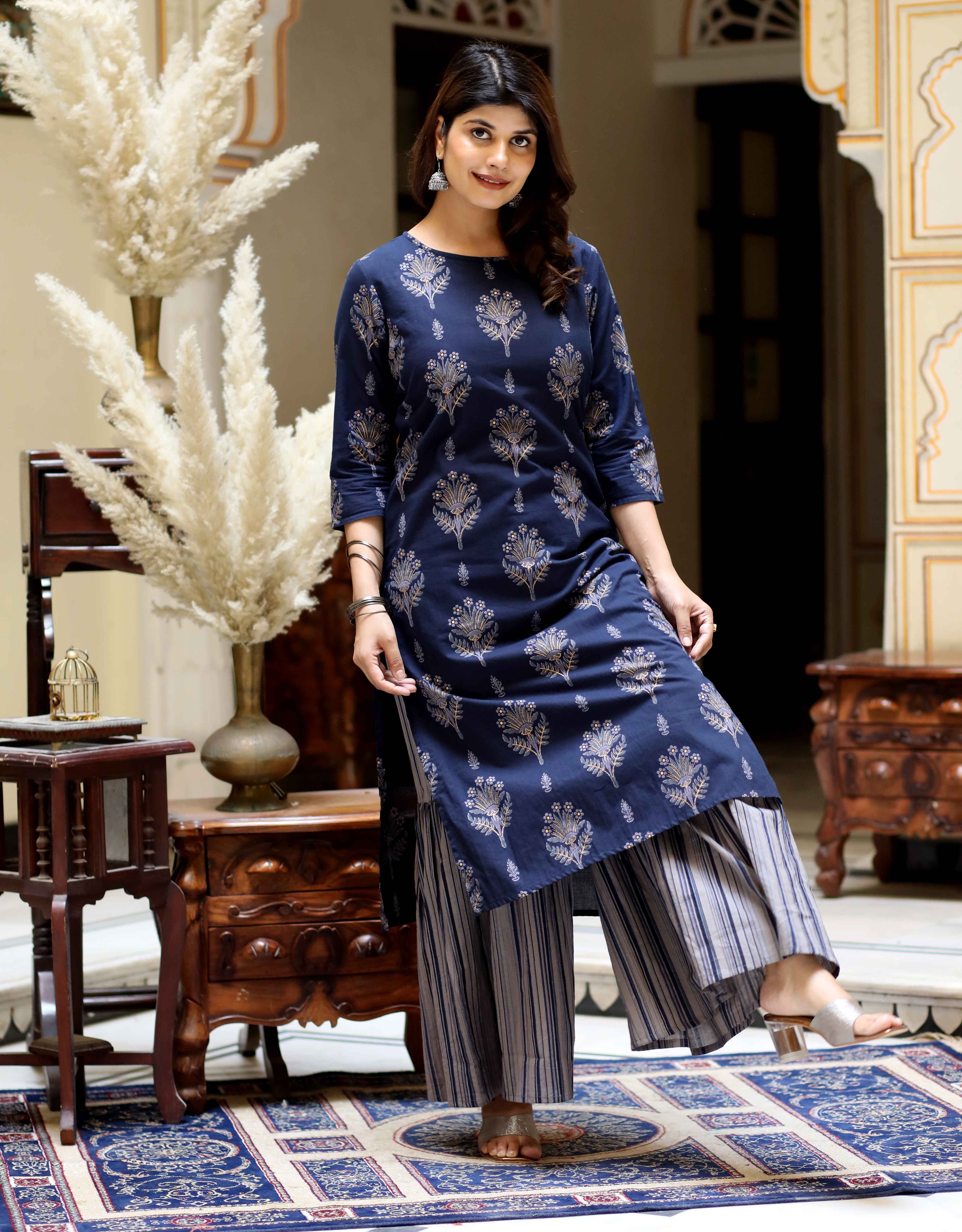 Blue Floral Cotton Kurta with Grey Sharara Set
