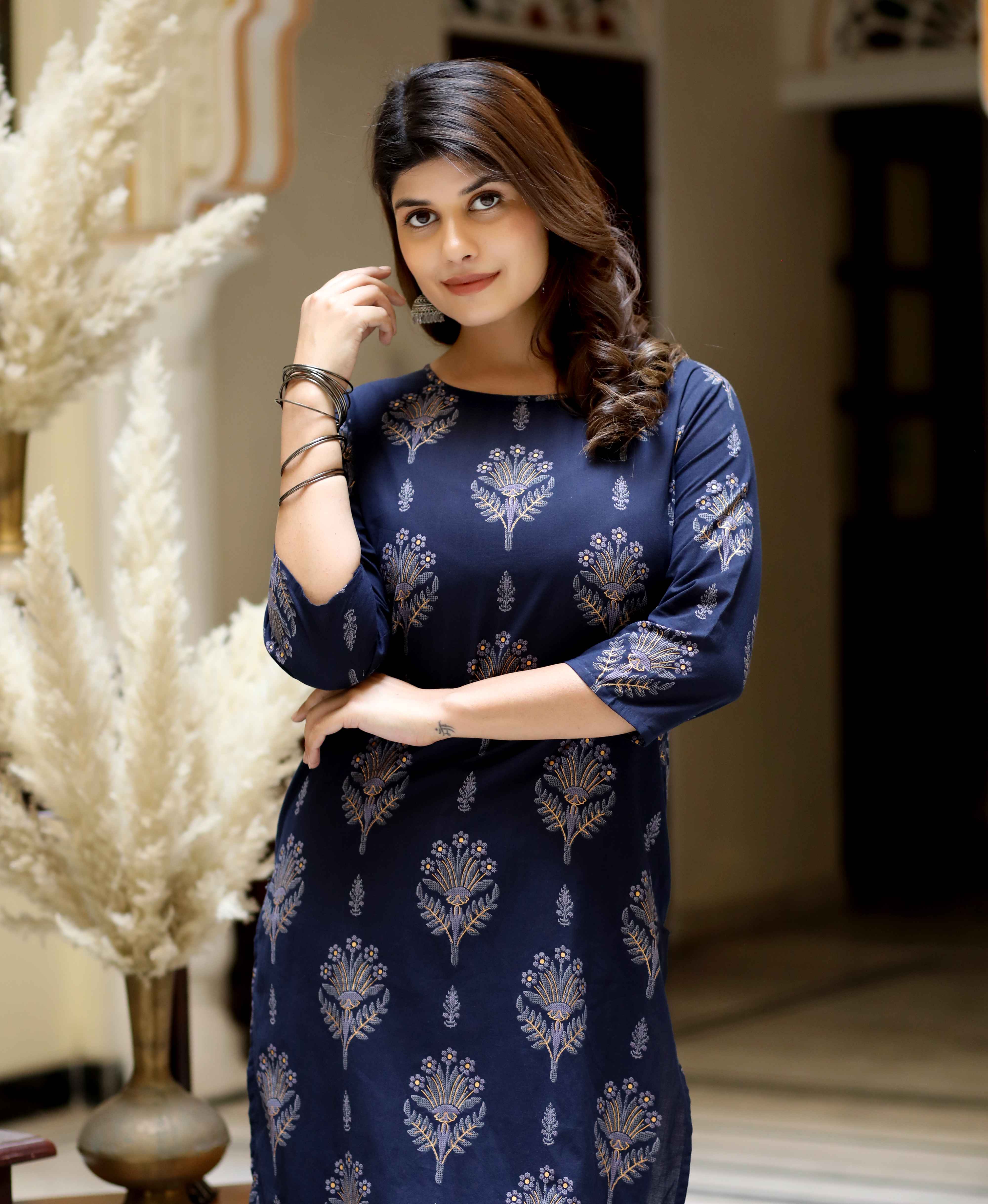 Blue Floral Cotton Kurta with Grey Sharara Set