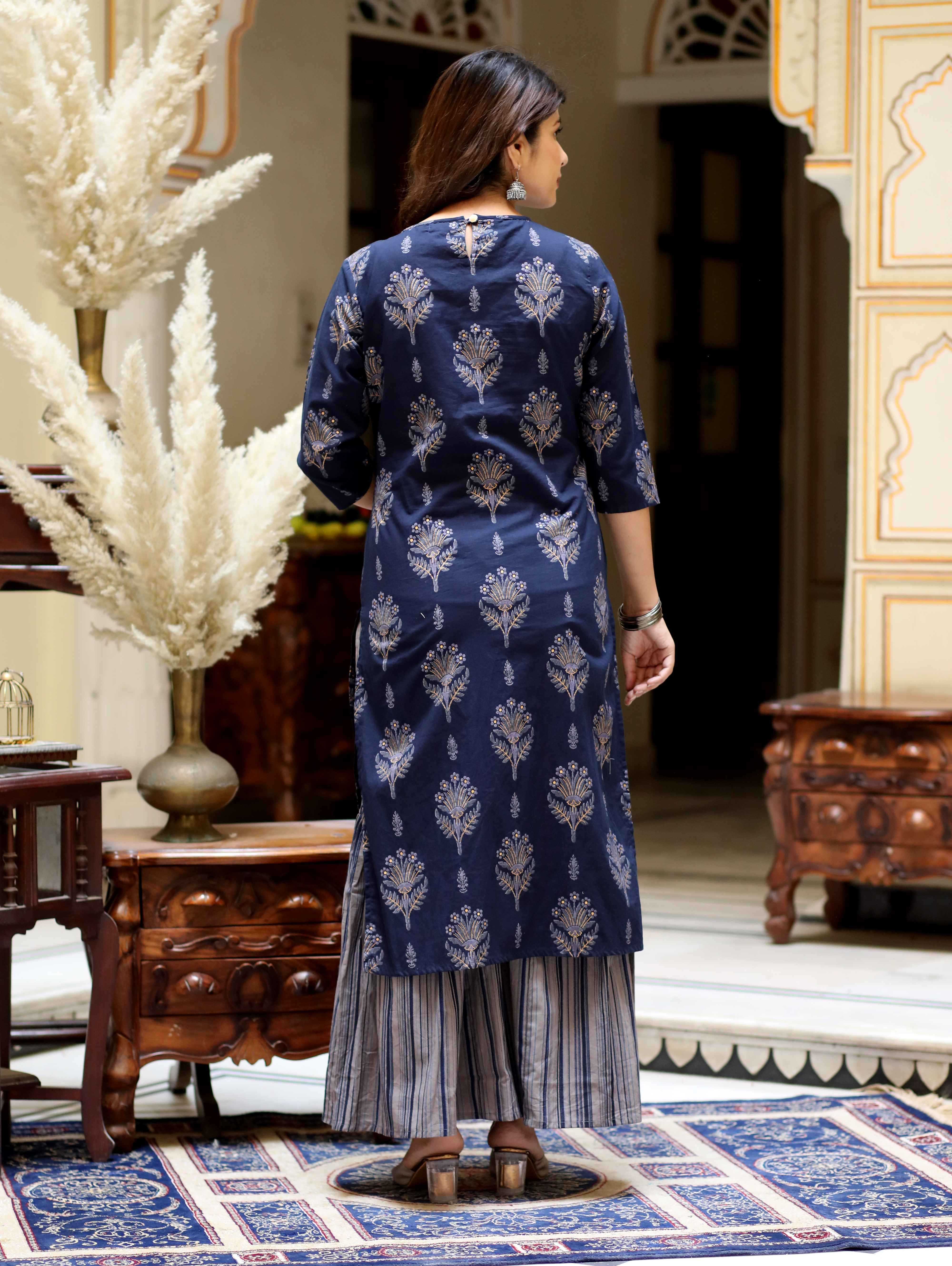 Blue Floral Cotton Kurta with Grey Sharara Set