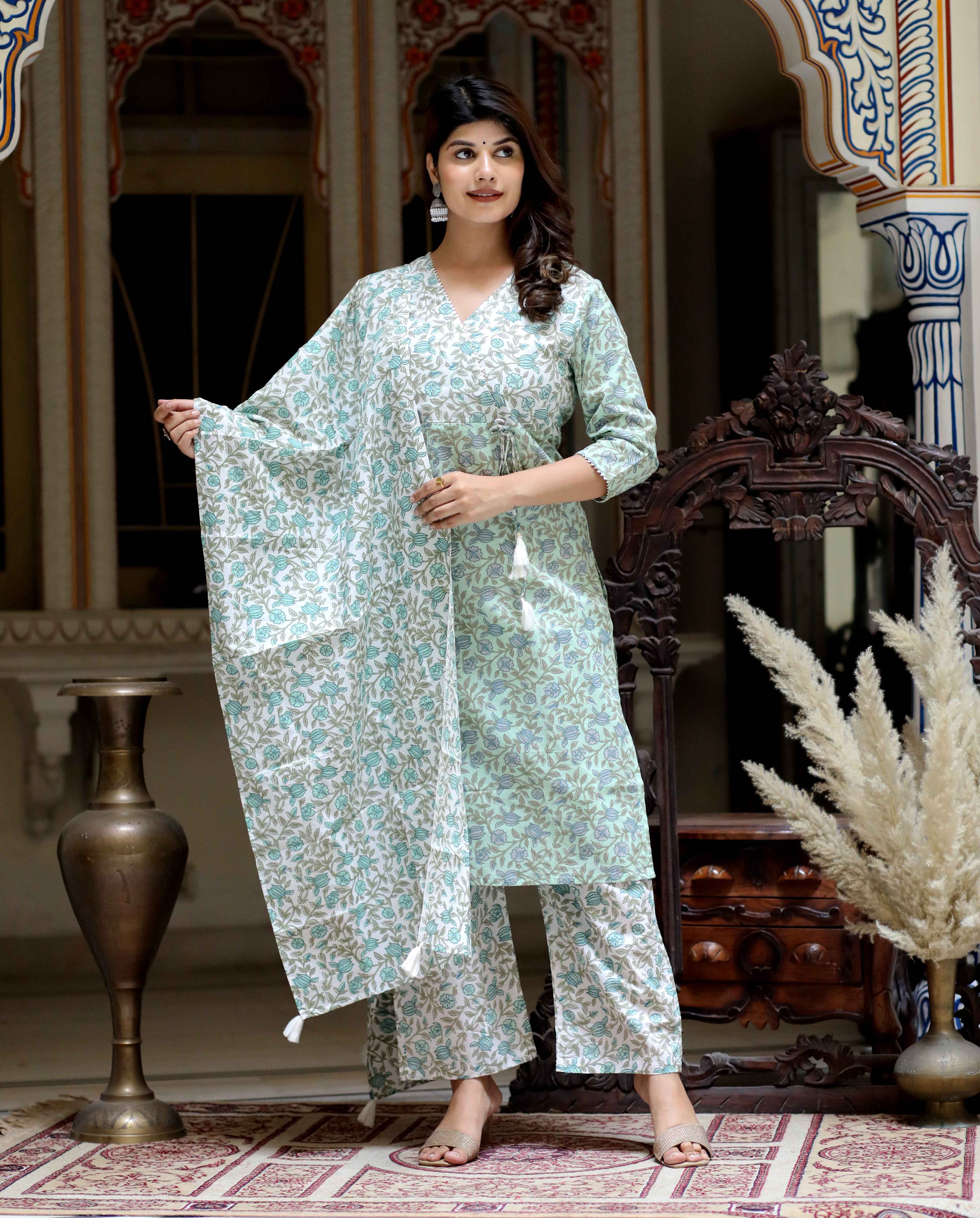 Green Floral Printed Angrakha Kurta with Palazzo and Dupatta Set