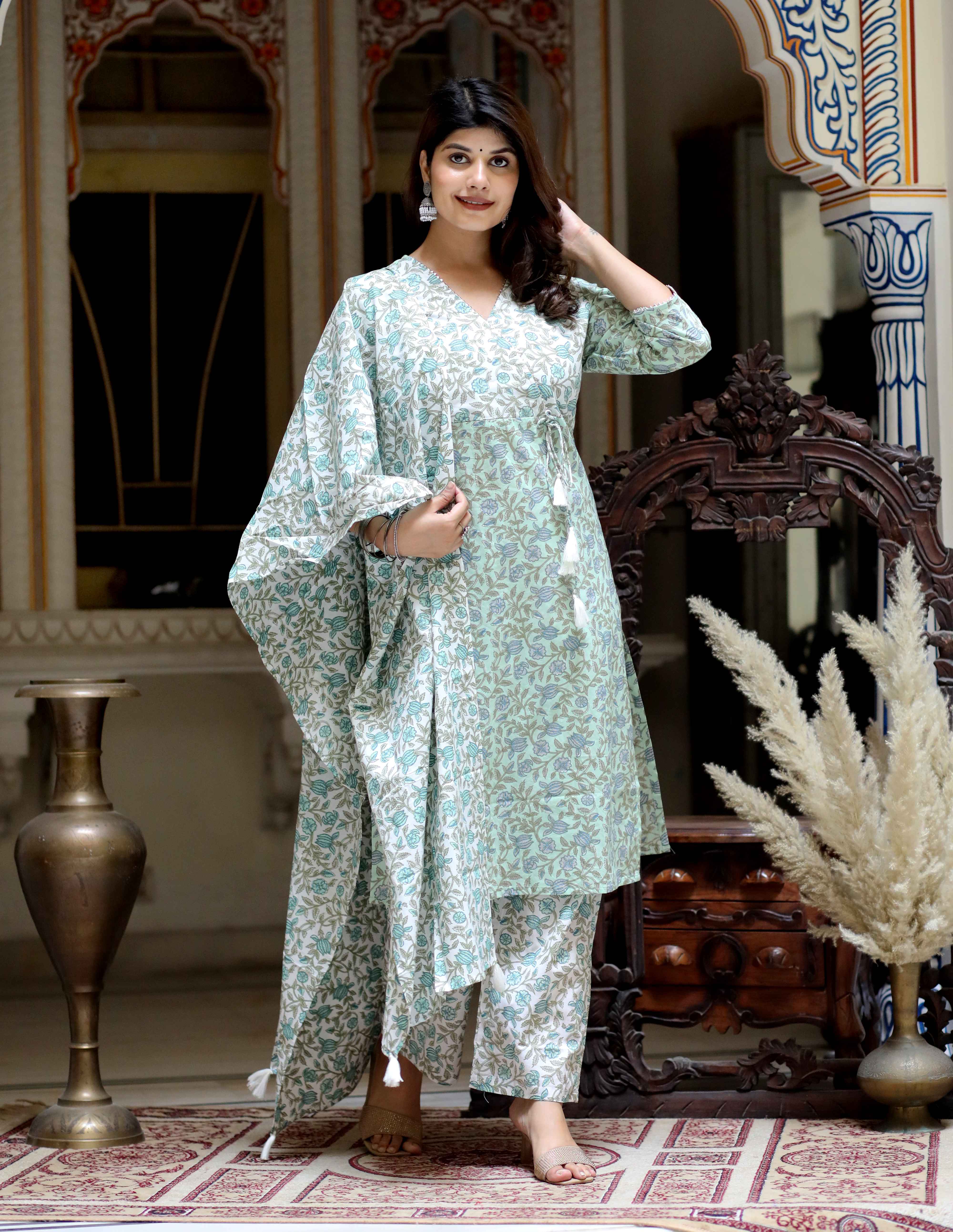 Green Floral Printed Angrakha Kurta with Palazzo and Dupatta Set