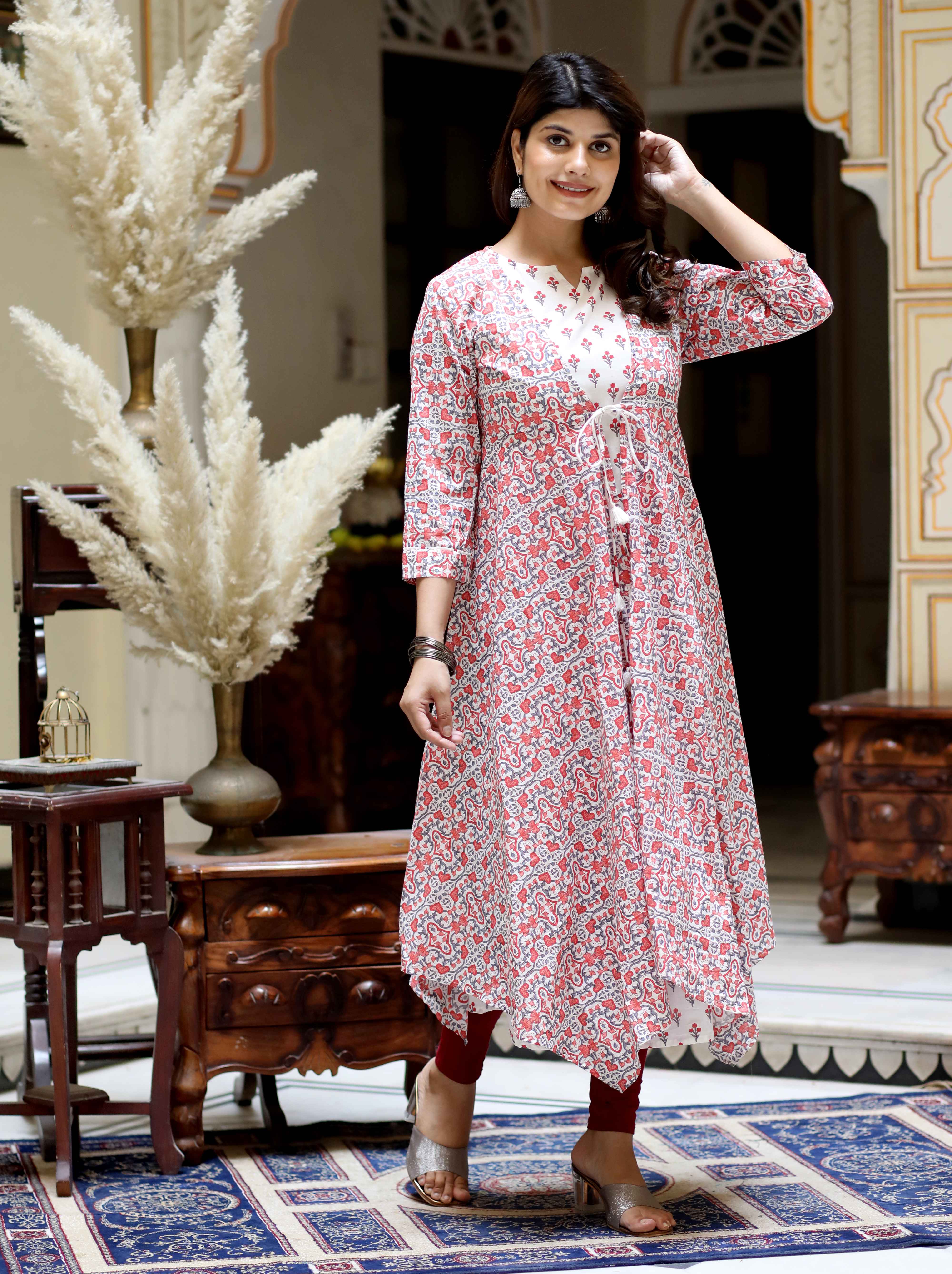 Orange Floral Cotton Sleeveless Anarkali Kurta with Printed Jacket Set