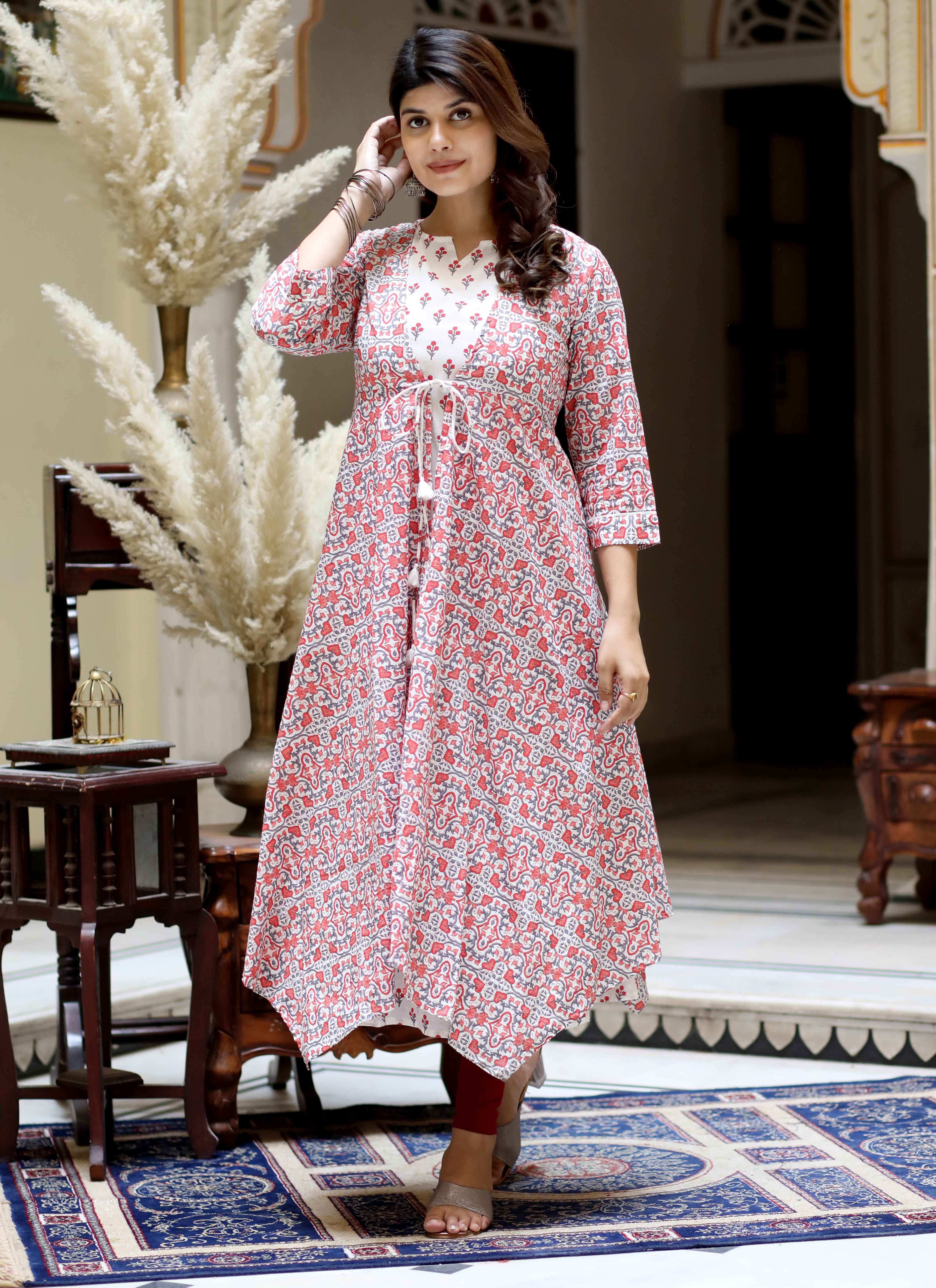 Orange Floral Cotton Sleeveless Anarkali Kurta with Printed Jacket Set