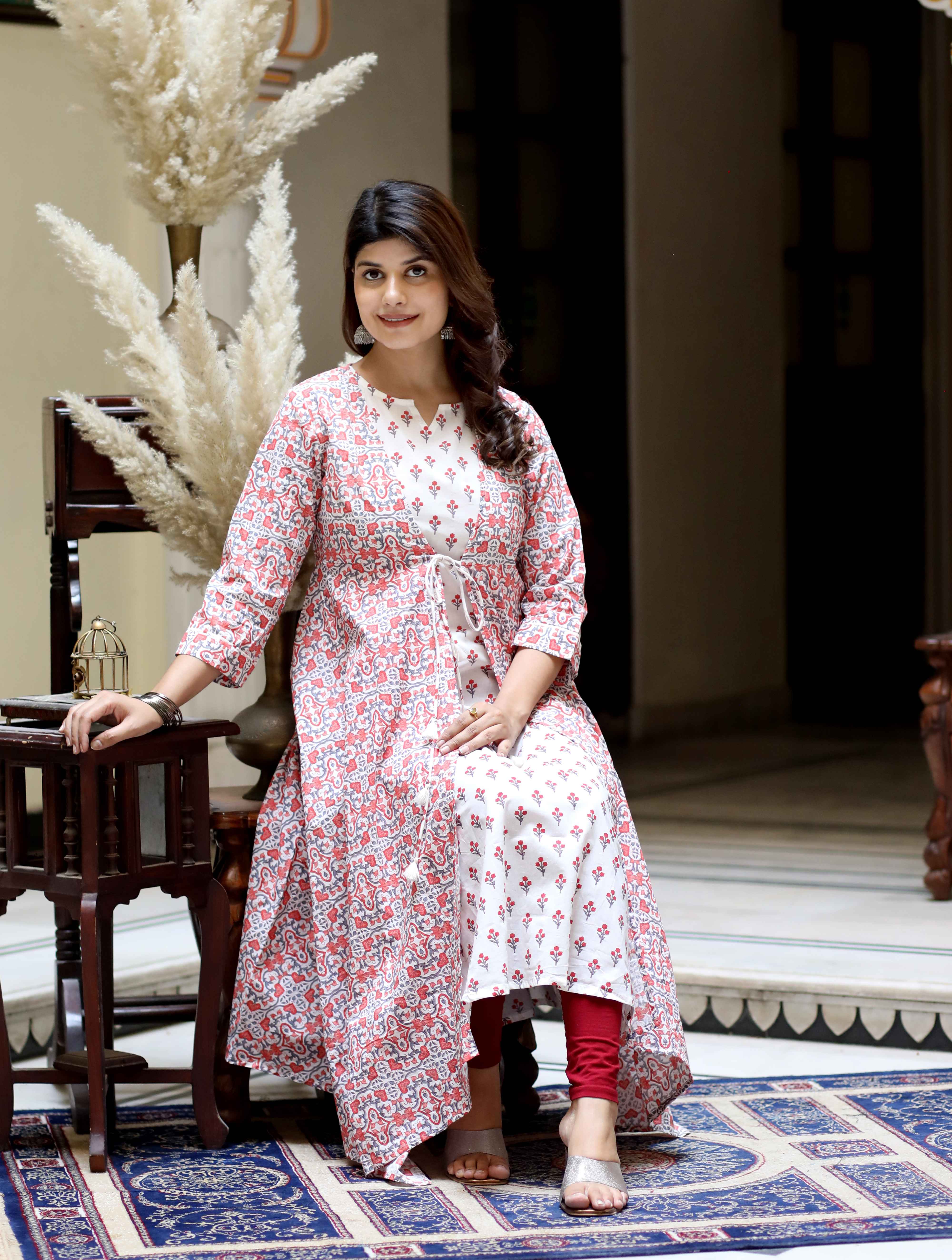 Orange Floral Cotton Sleeveless Anarkali Kurta with Printed Jacket Set