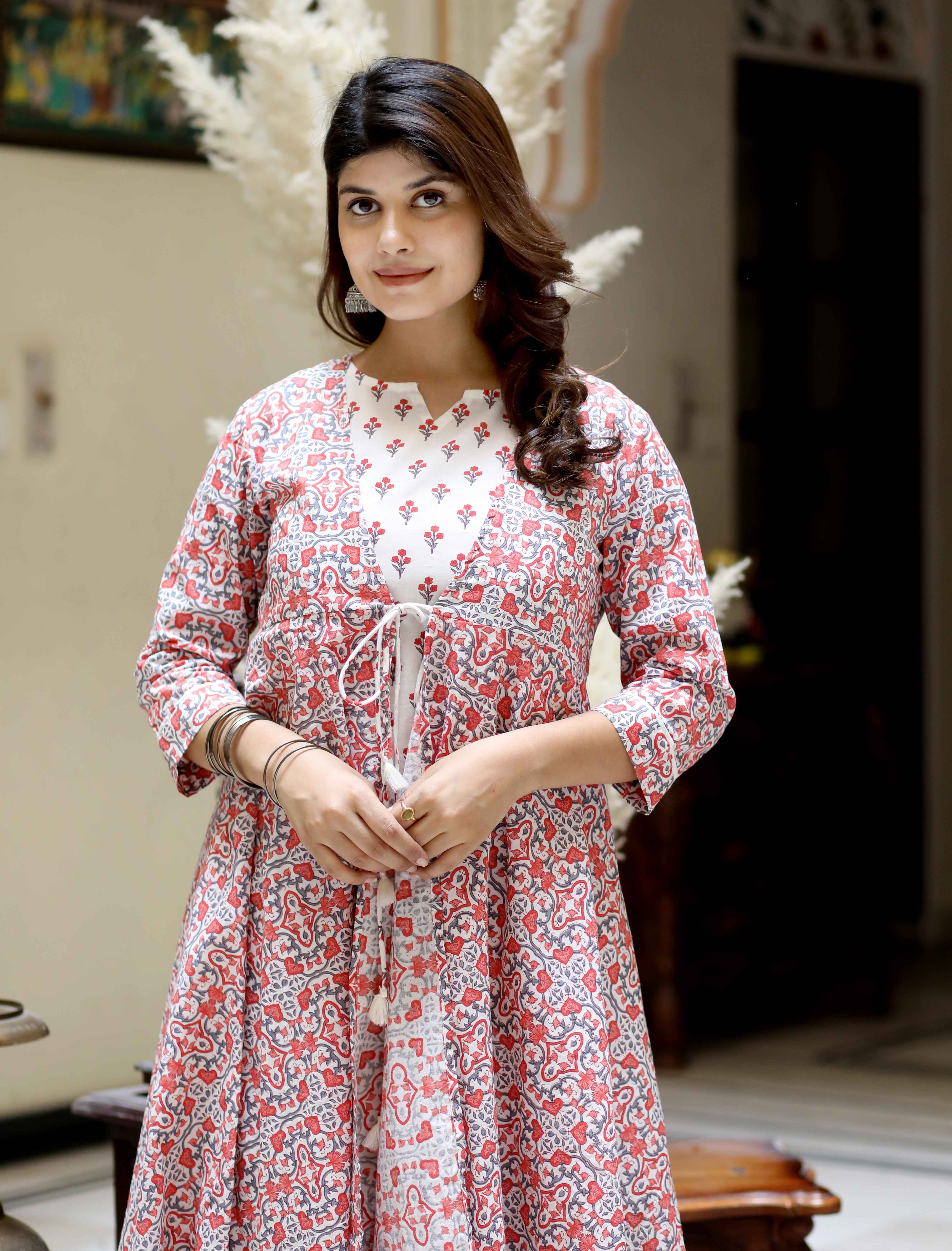 Orange Floral Cotton Sleeveless Anarkali Kurta with Printed Jacket Set