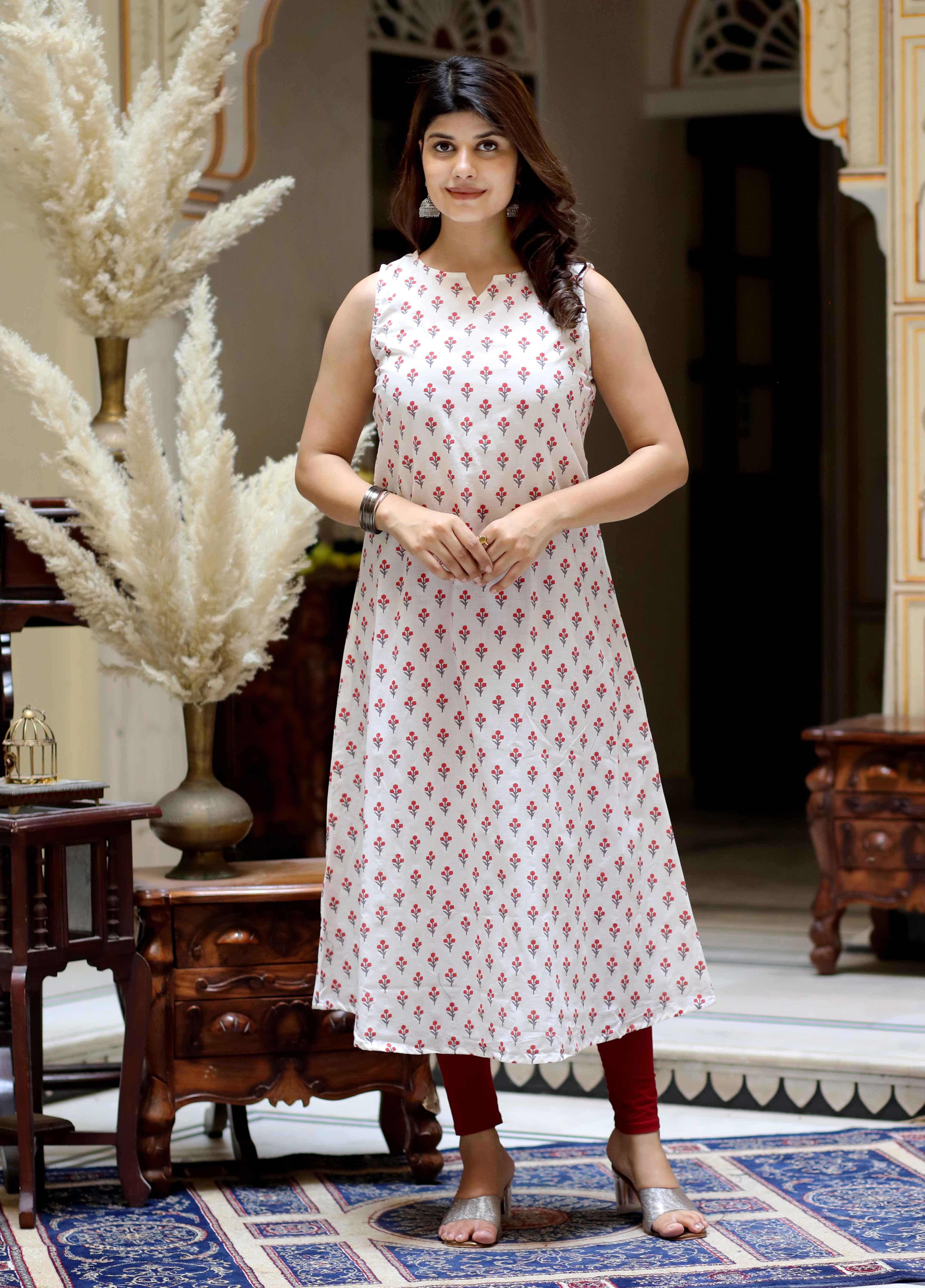 Orange Floral Cotton Sleeveless Anarkali Kurta with Printed Jacket Set