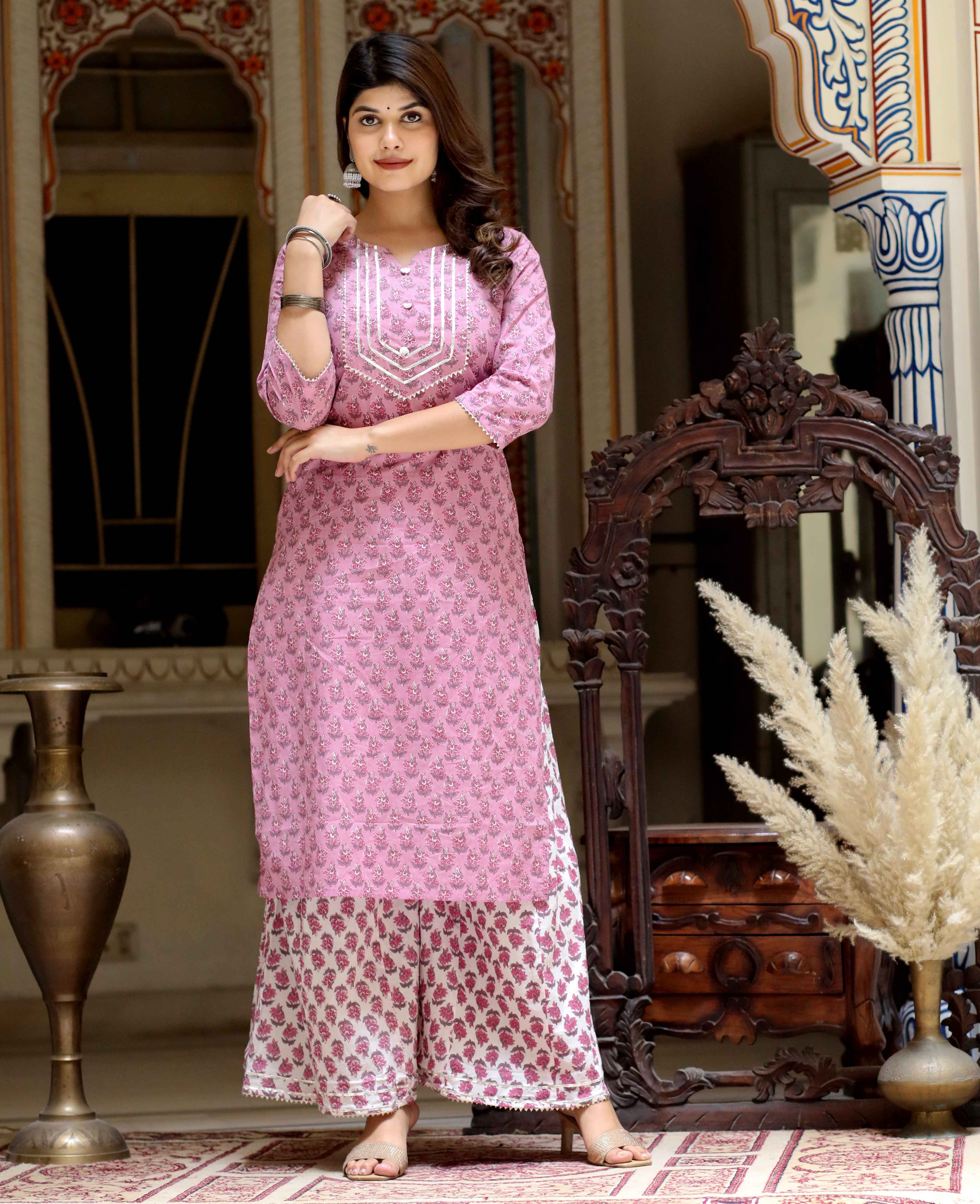 Pink Floral Cotton Gota Lace Kurta with Palazzo Set