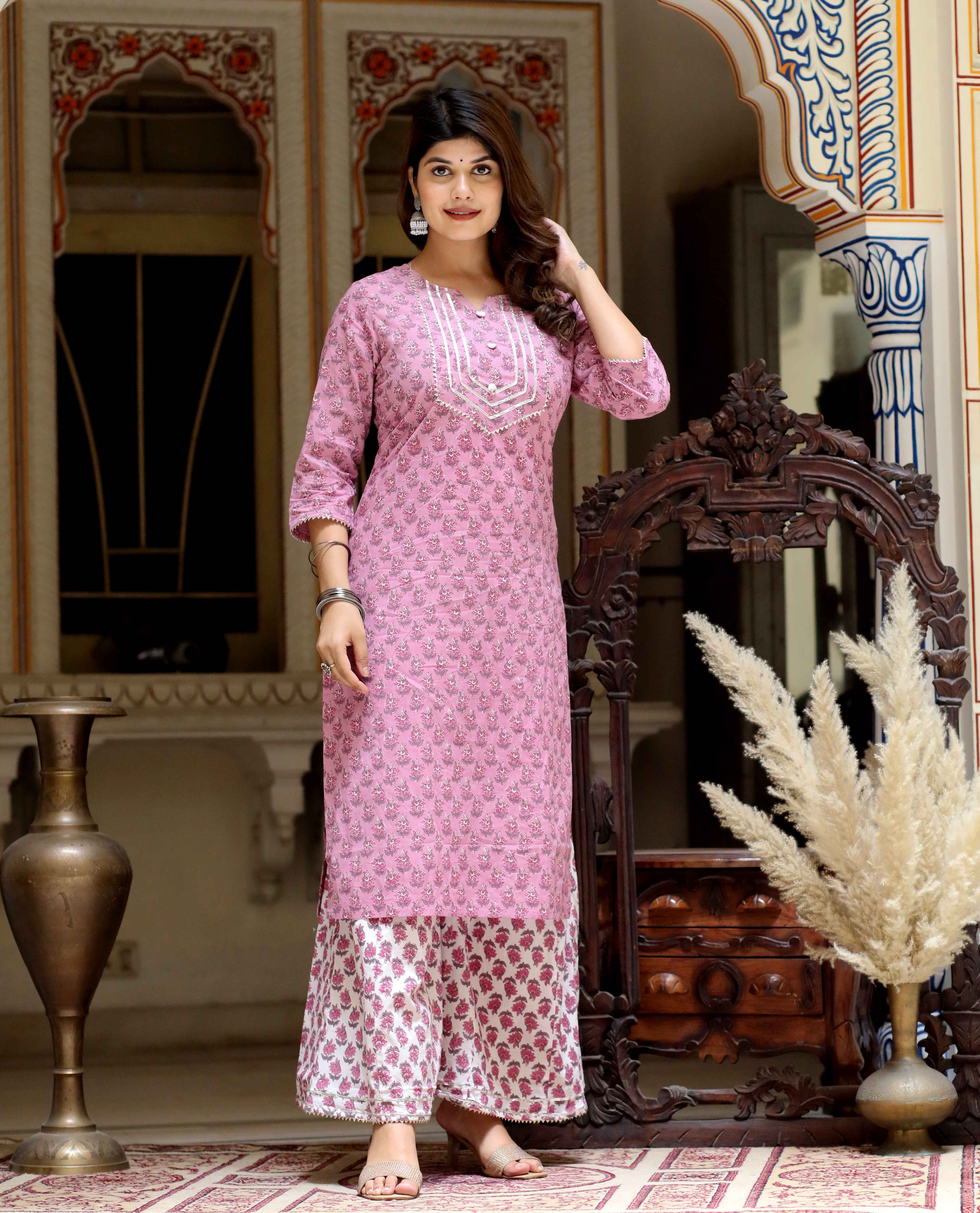 Pink Floral Cotton Gota Lace Kurta with Palazzo Set