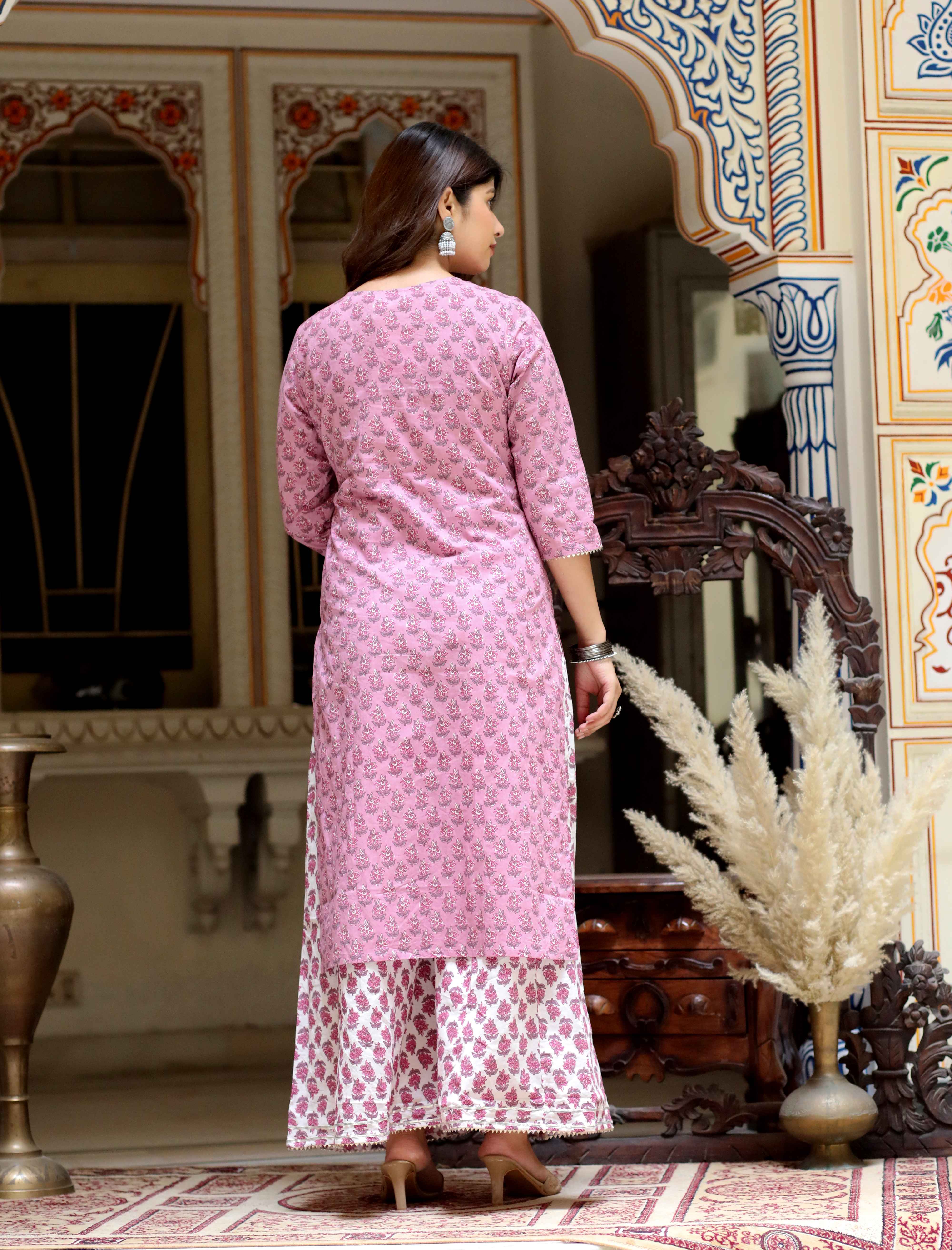 Pink Floral Cotton Gota Lace Kurta with Palazzo Set