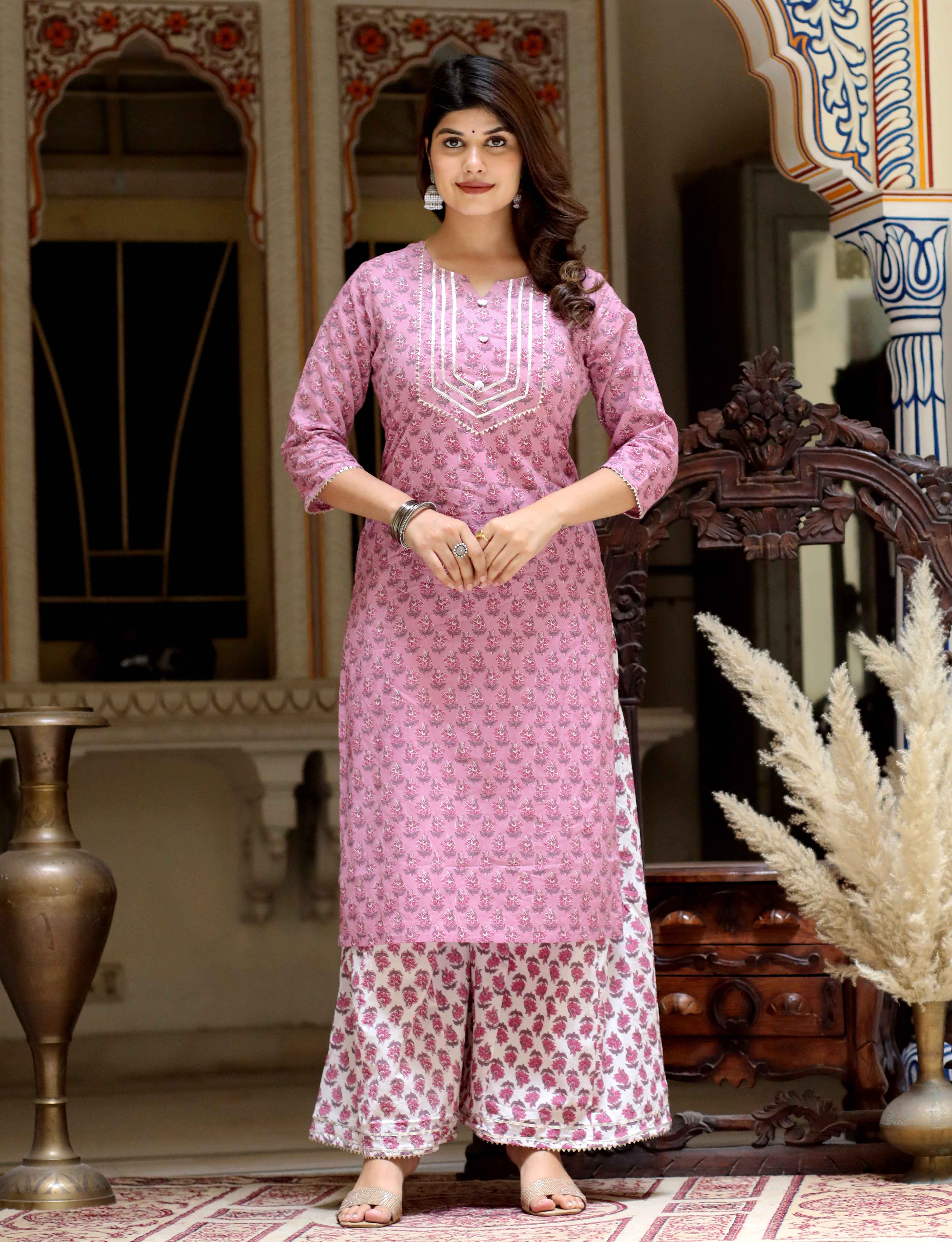 Pink Floral Cotton Gota Lace Kurta with Palazzo Set