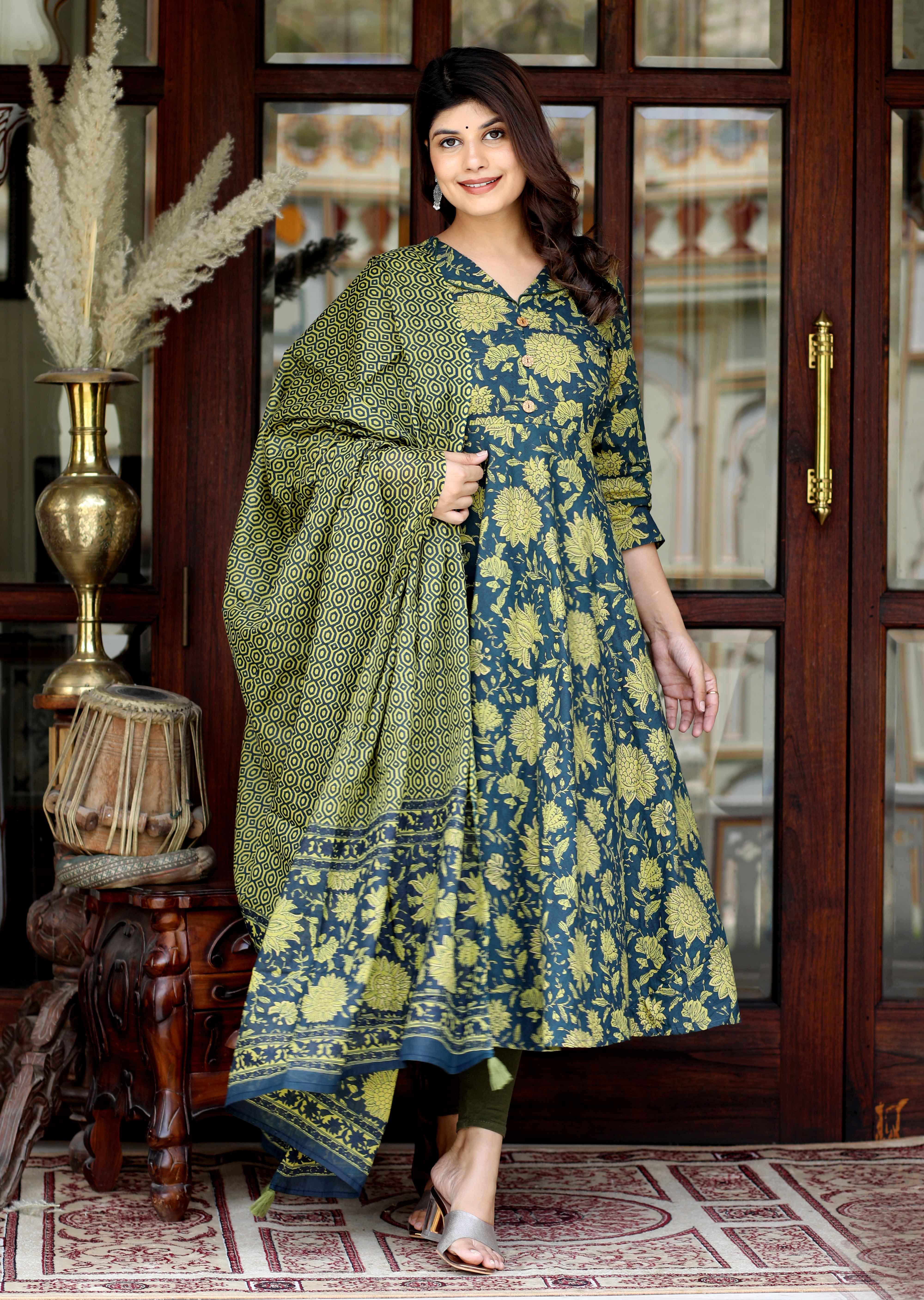Womens Cotton Floral Print Green gorgeous look Anarkali Kurta with Dupatta