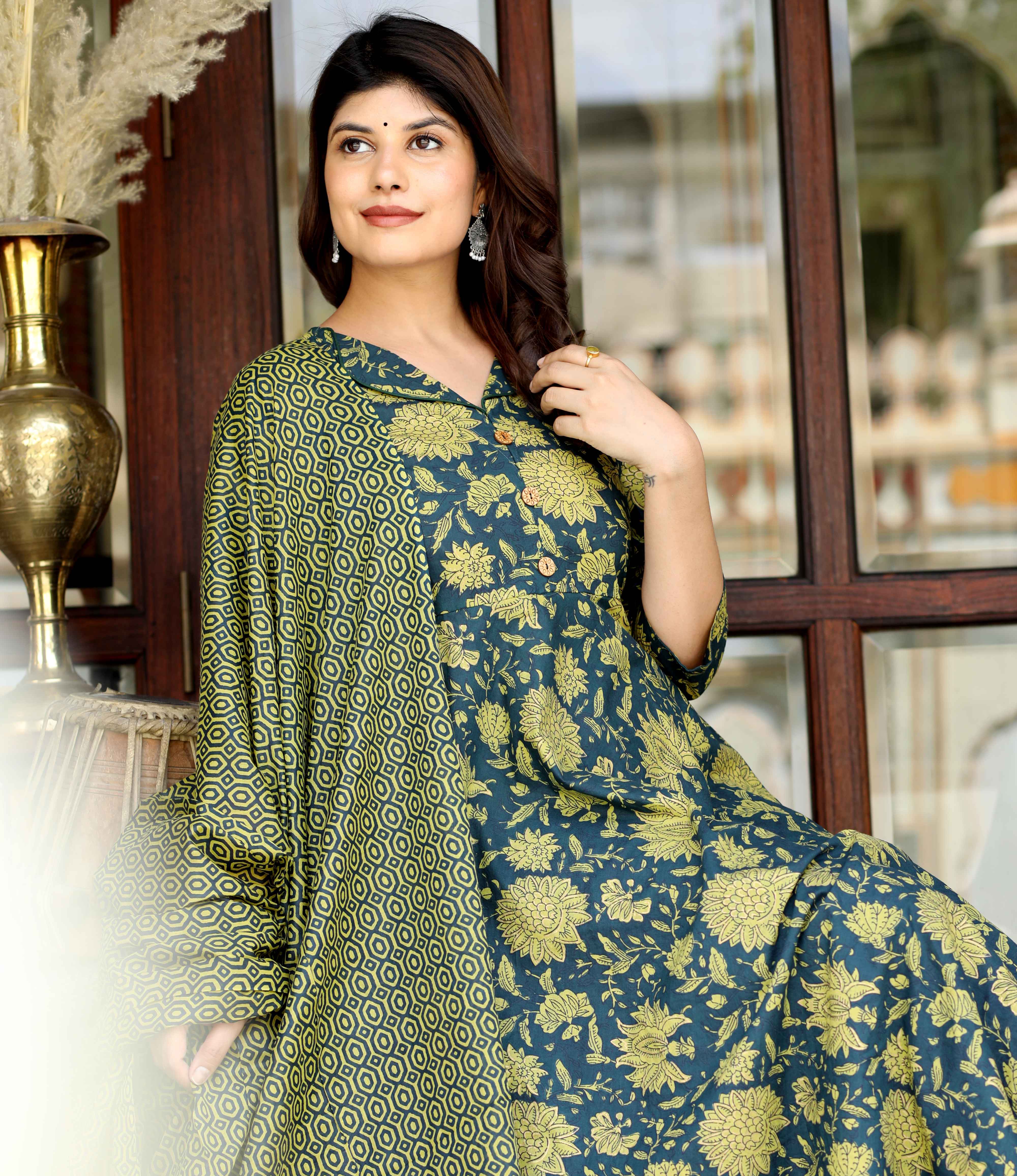 Womens Cotton Floral Print Green gorgeous look Anarkali Kurta with Dupatta
