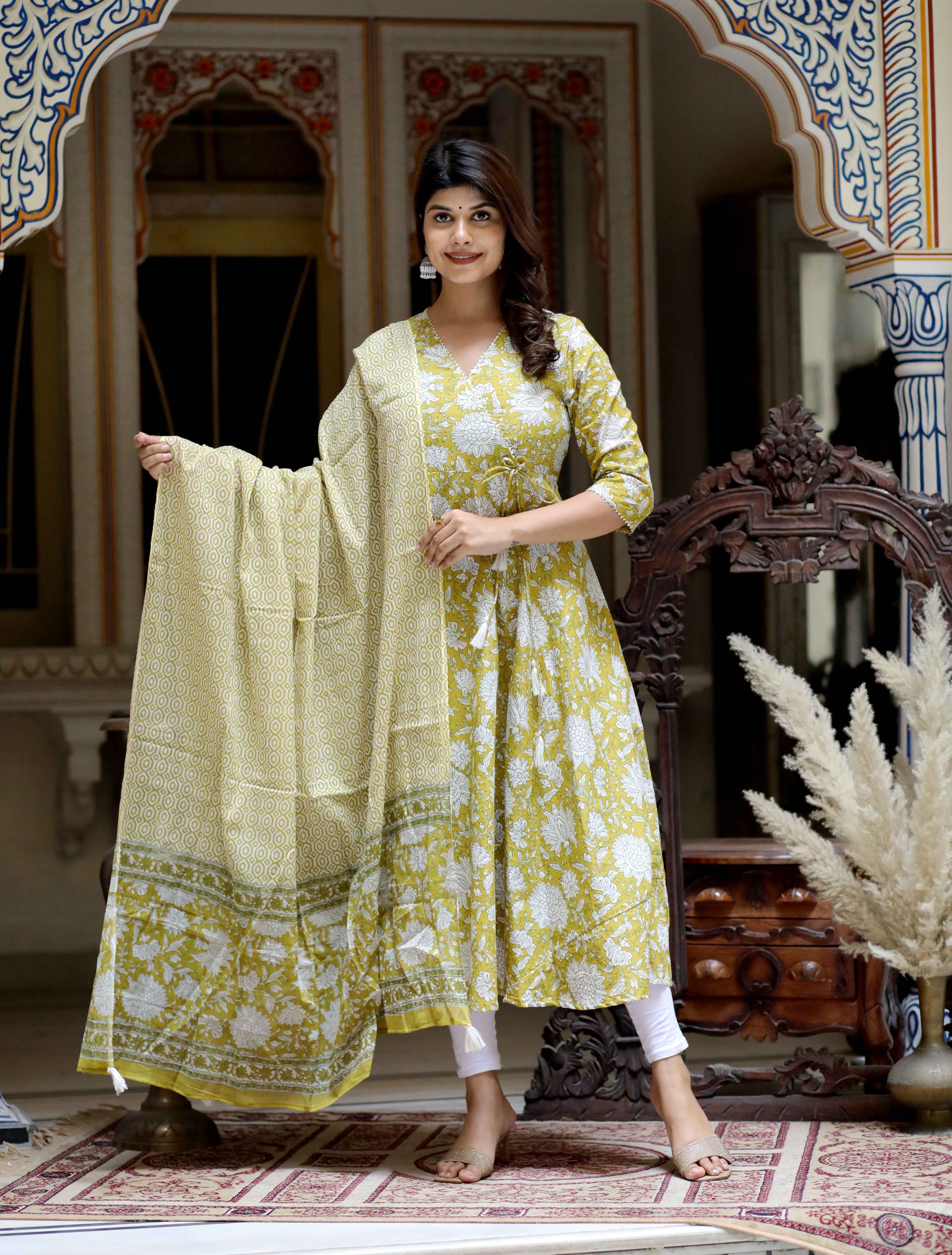 Yellow Floral Printed Cotton Anarkali Kurta with Dupatta Set