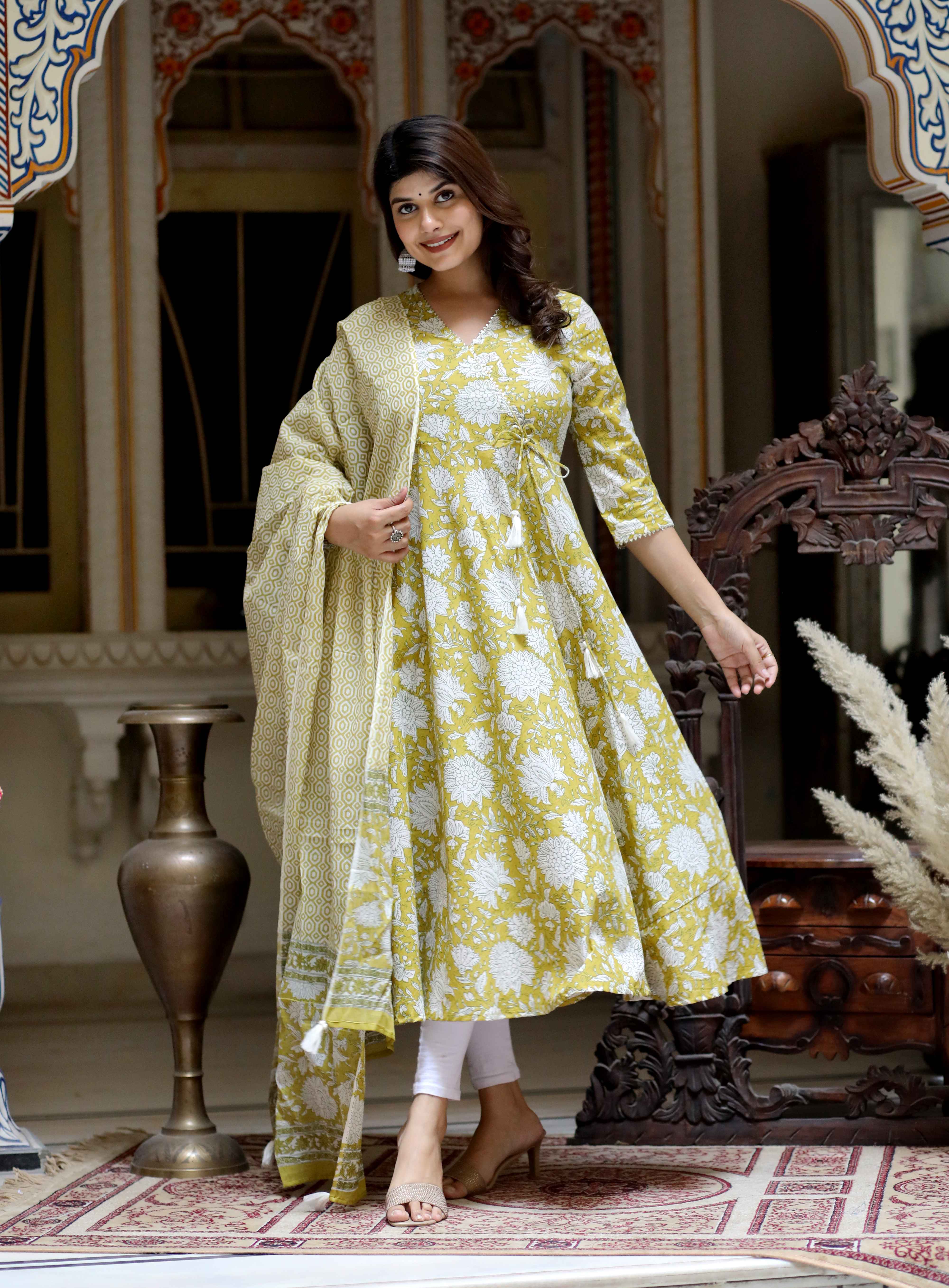 Yellow Floral Printed Cotton Anarkali Kurta with Dupatta Set