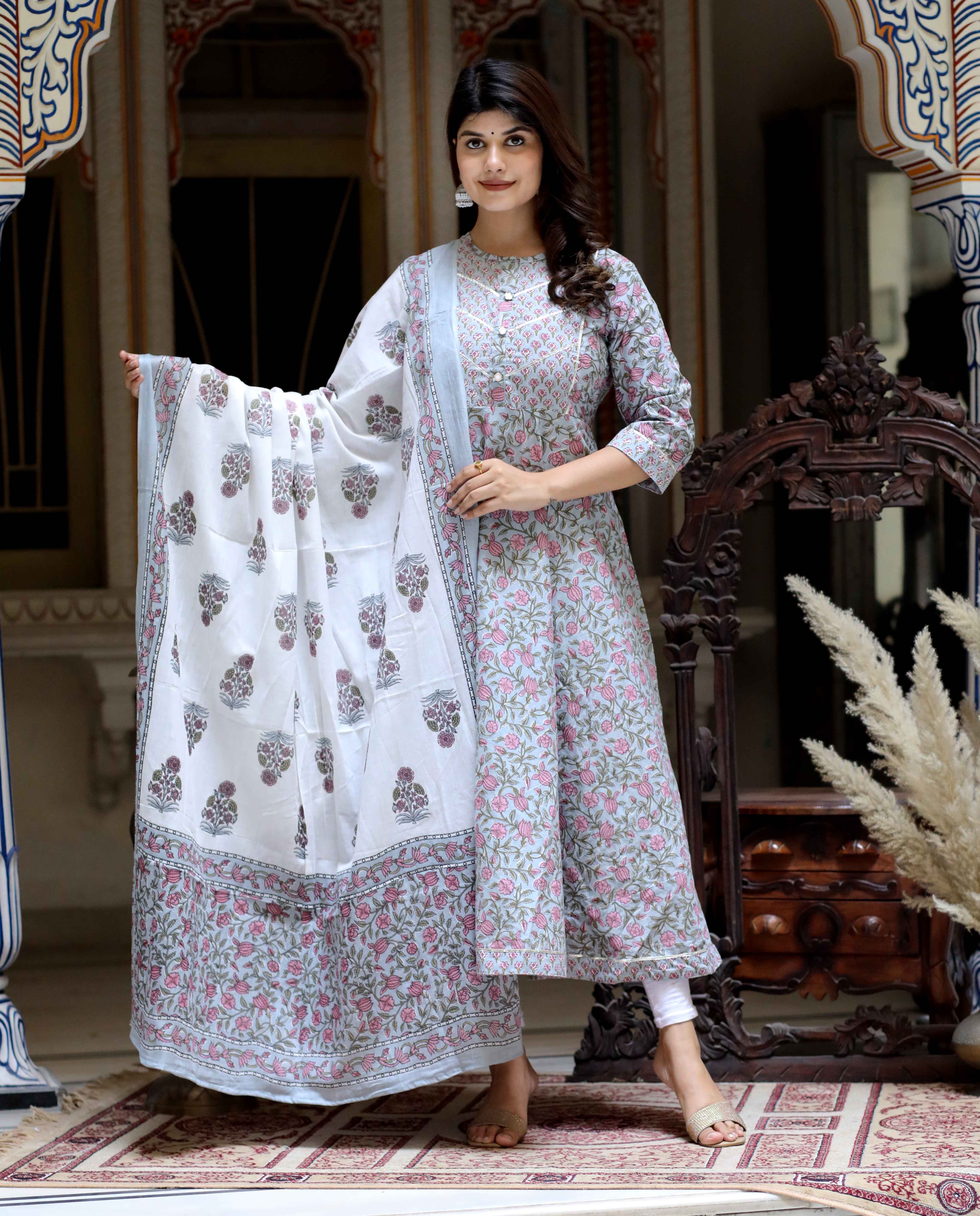 Blue Cotton Anarkali Kurta with Gota Work & Floral Dupatta Set