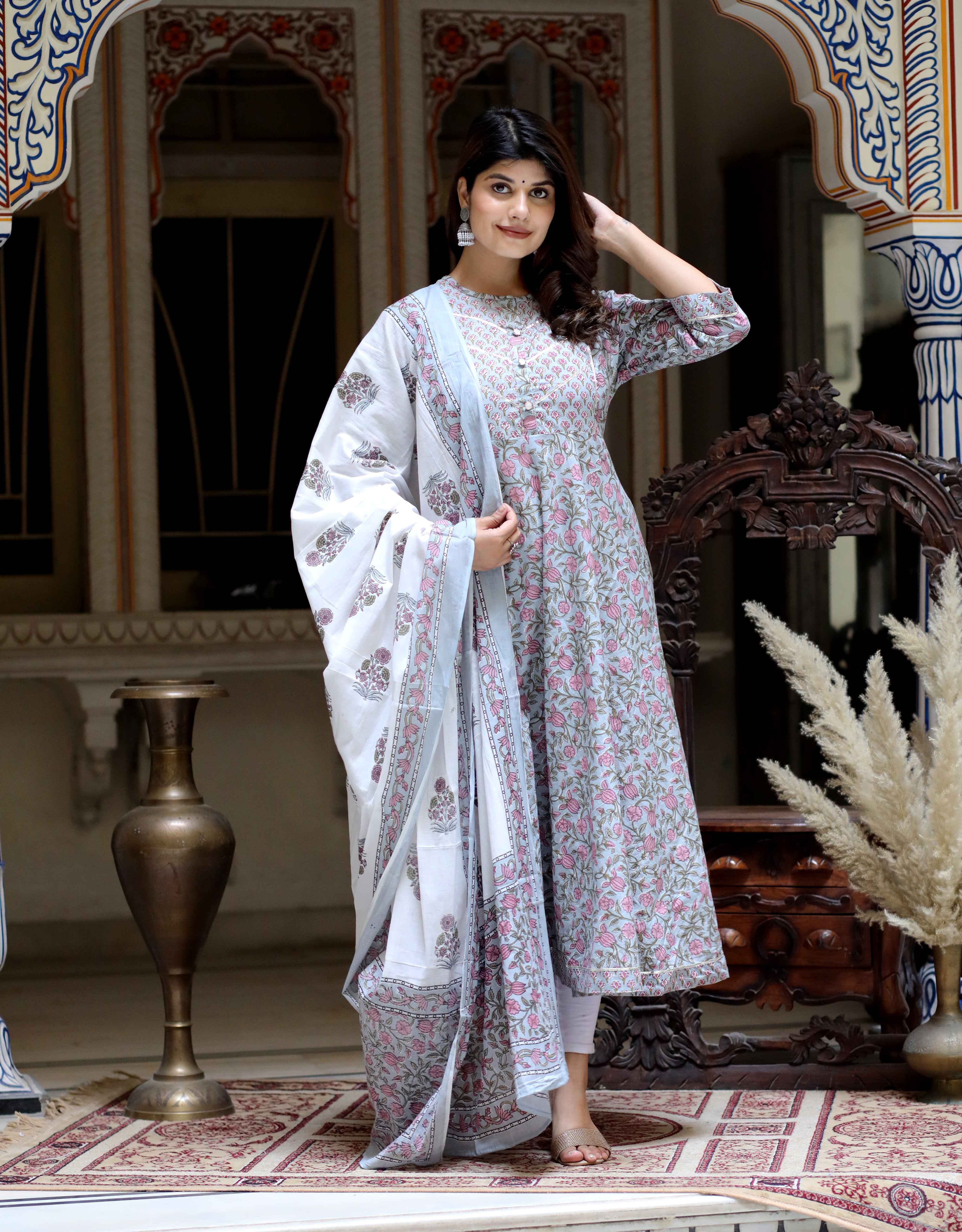 Blue Cotton Anarkali Kurta with Gota Work & Floral Dupatta Set