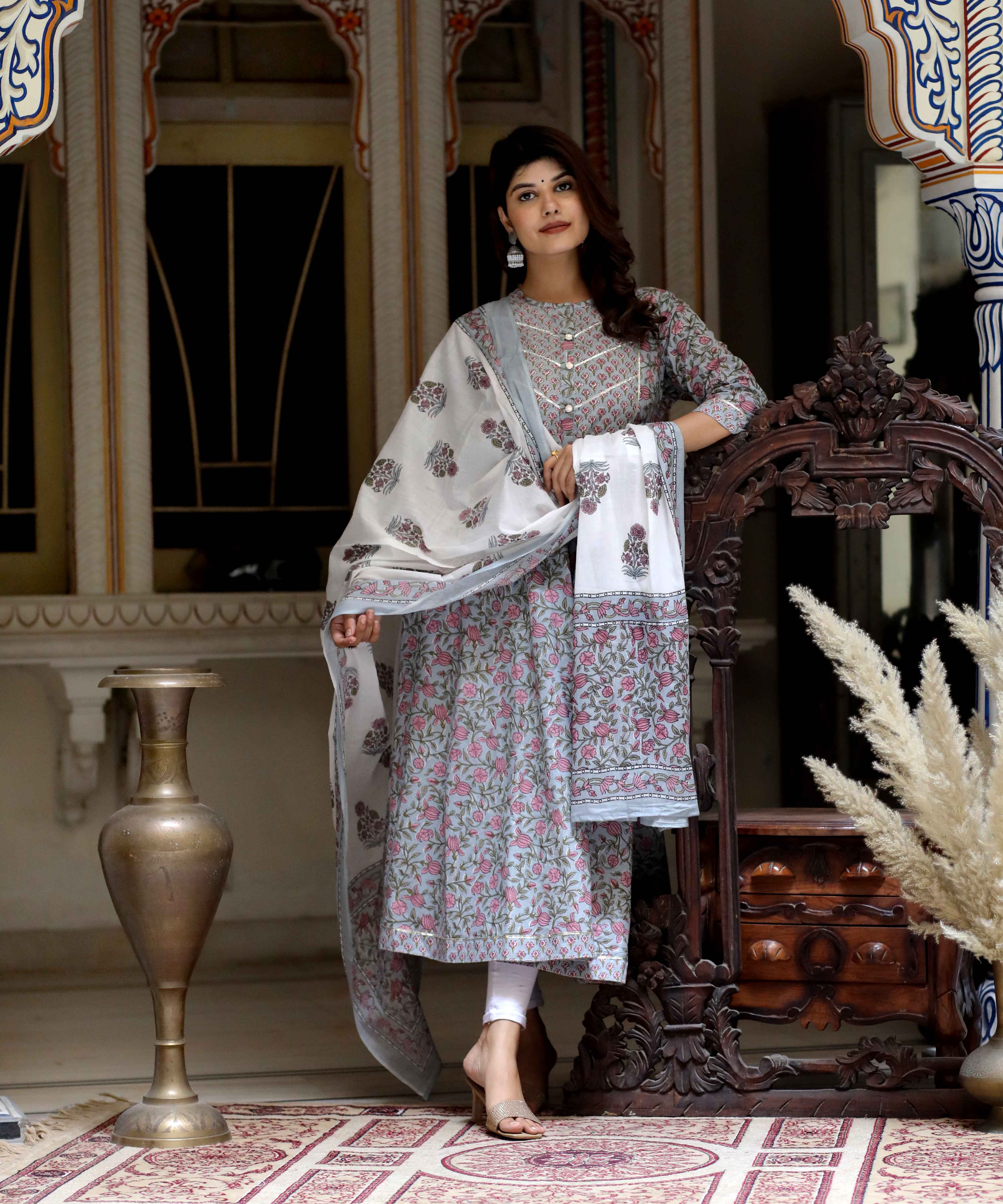 Blue Cotton Anarkali Kurta with Gota Work & Floral Dupatta Set