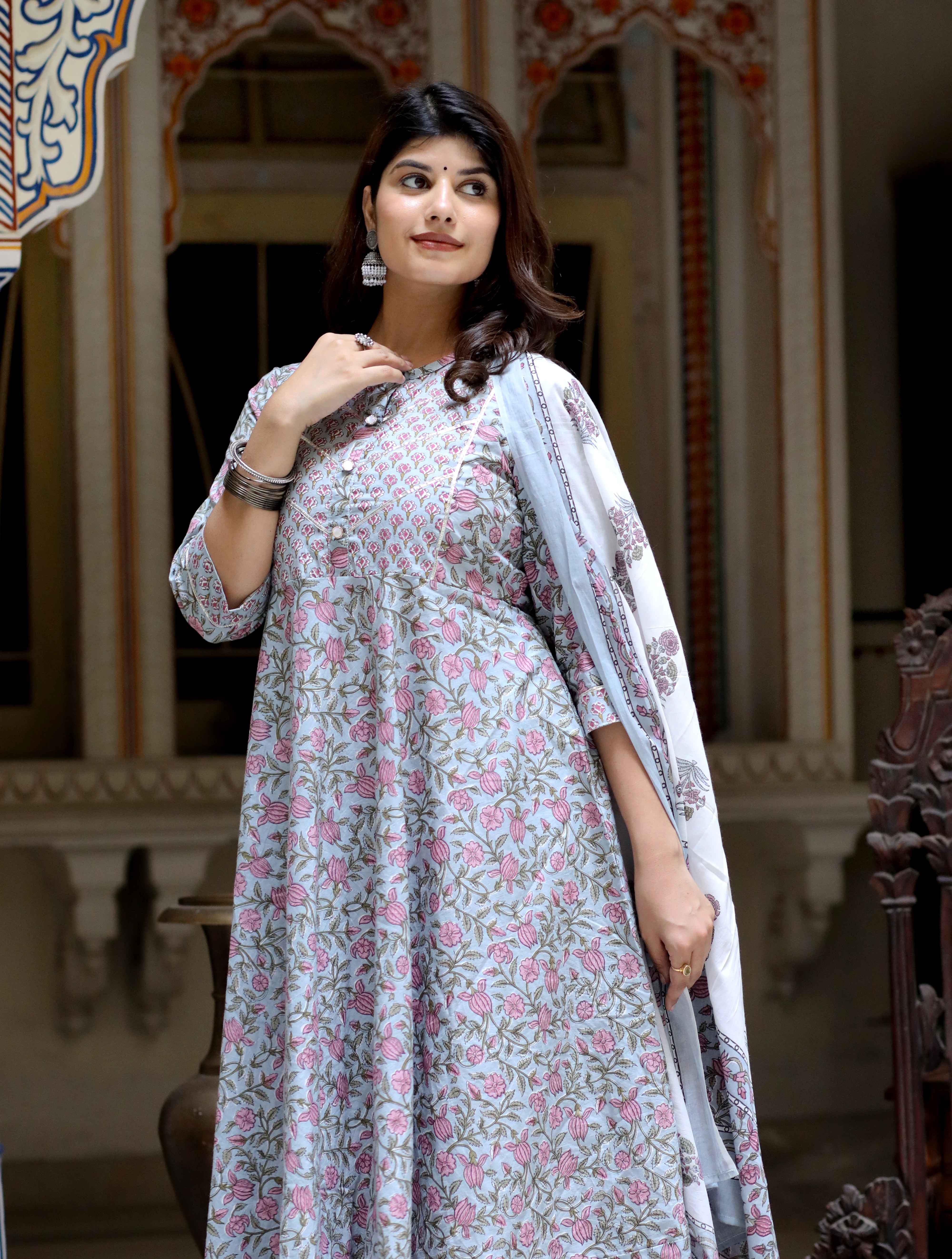 Blue Cotton Anarkali Kurta with Gota Work & Floral Dupatta Set